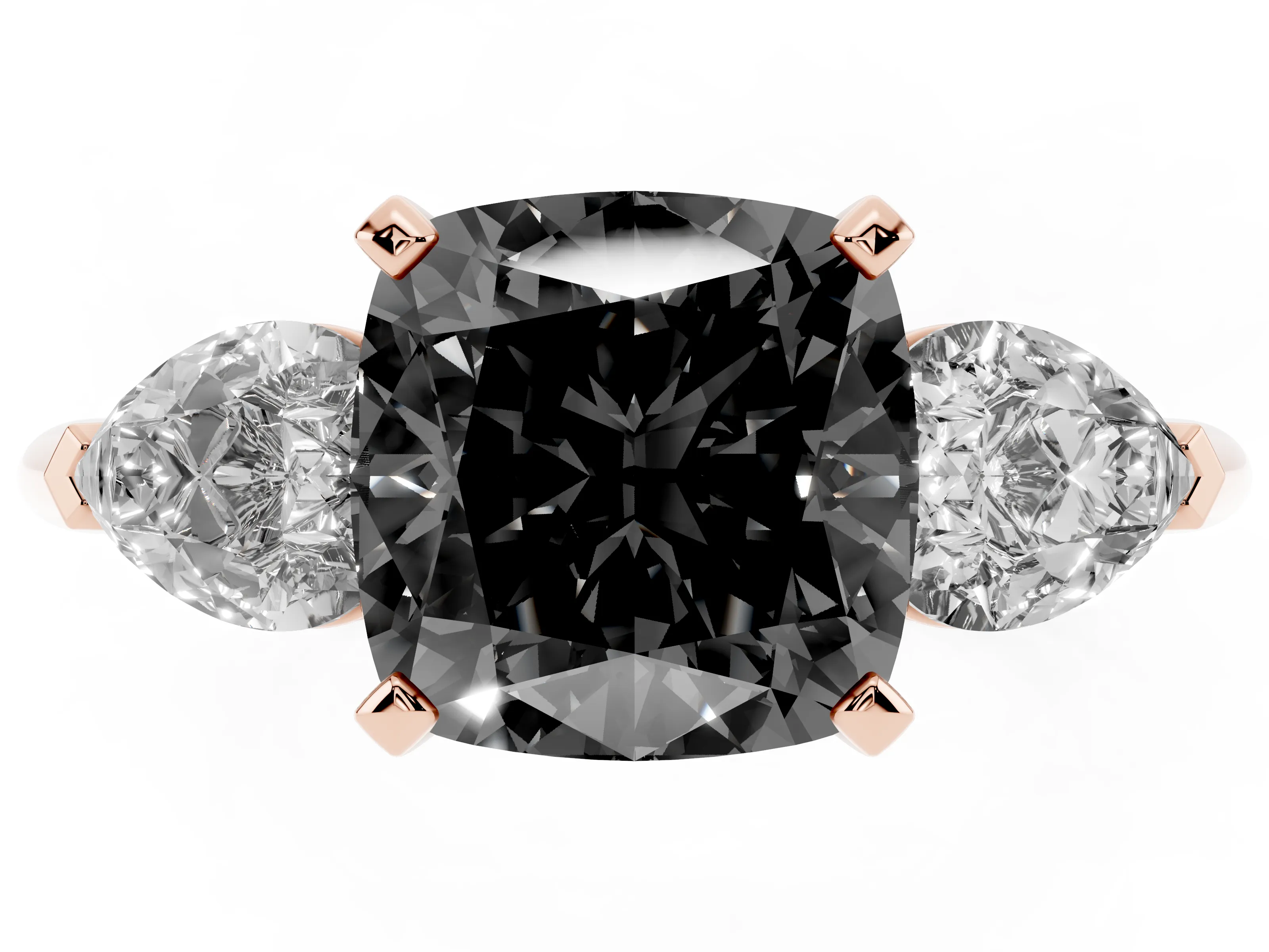 Fancy Black Three-Stone Cushion Cut Diamond Ring Set in Rose gold with Pear Side Stones and Prong Setting