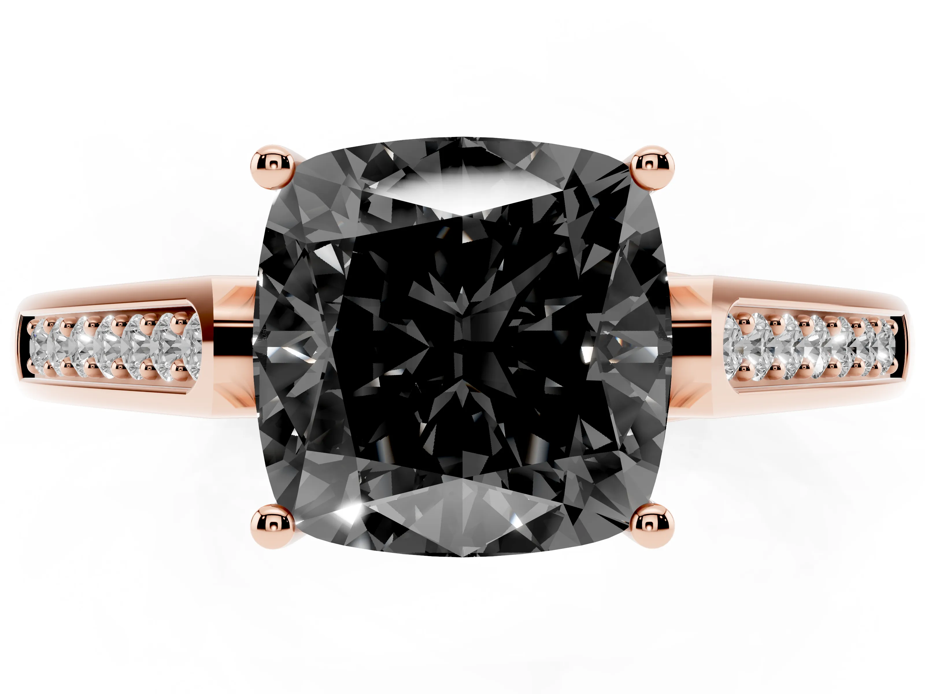 Fancy Black Cushion Cut Diamond Solitaire Cathedral Engagement Ring Set in Rose gold with Channel-Set Band and Prong Setting
