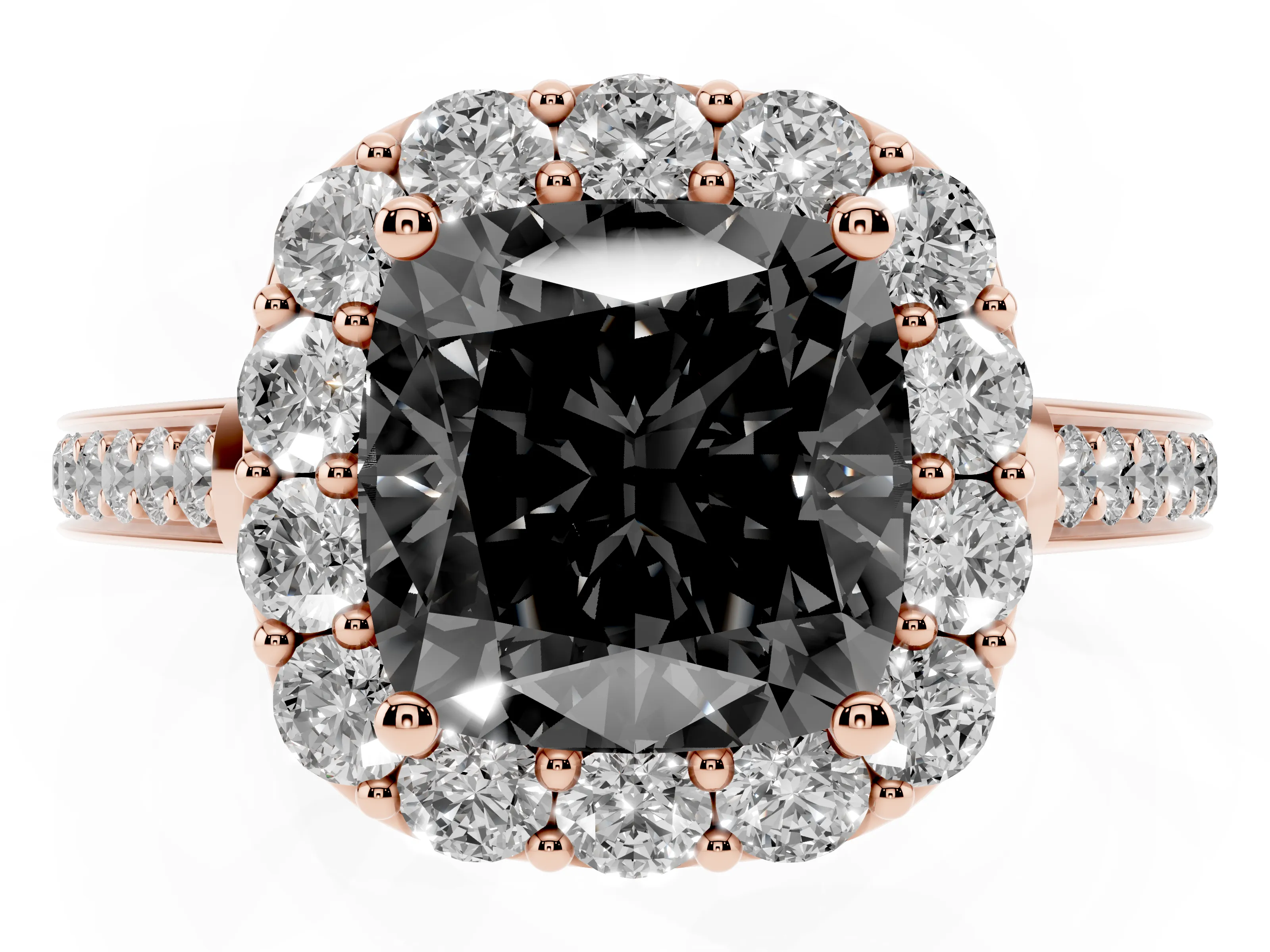 Fancy Black Cushion Cut Diamond Floral Halo Ring Set in Rose gold with Pavé Band and Prong Setting