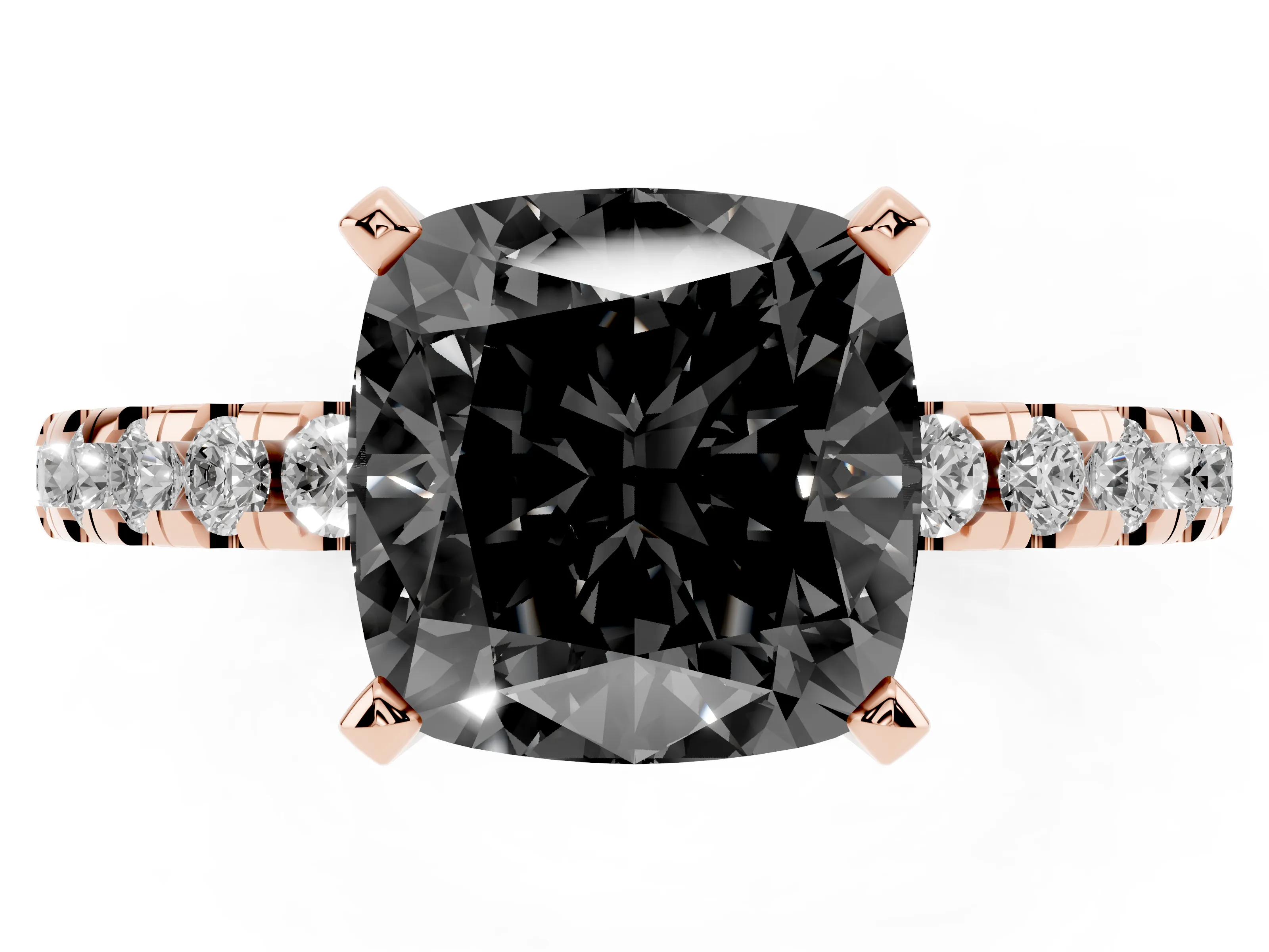Fancy Black Cushion Cut Diamond Pavé Solitaire Ring Set in Rose gold with Round Band Accents and Prong Setting