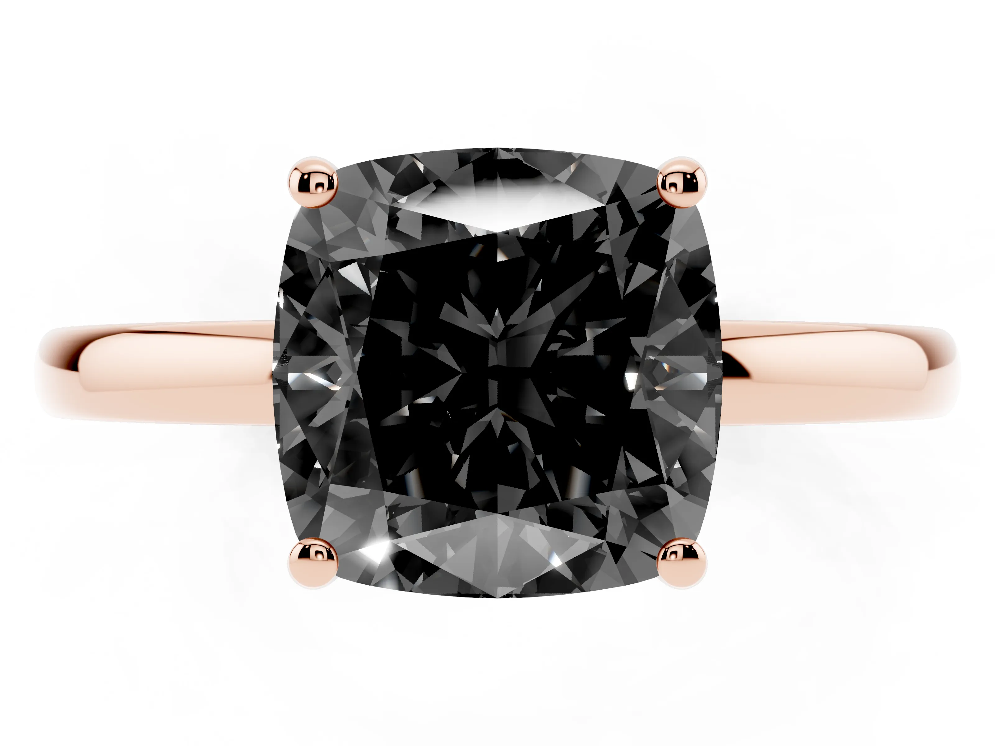 Fancy Black Cushion Cut Diamond Solitaire Ring Set in Rose gold with Plain Band and Prong Setting