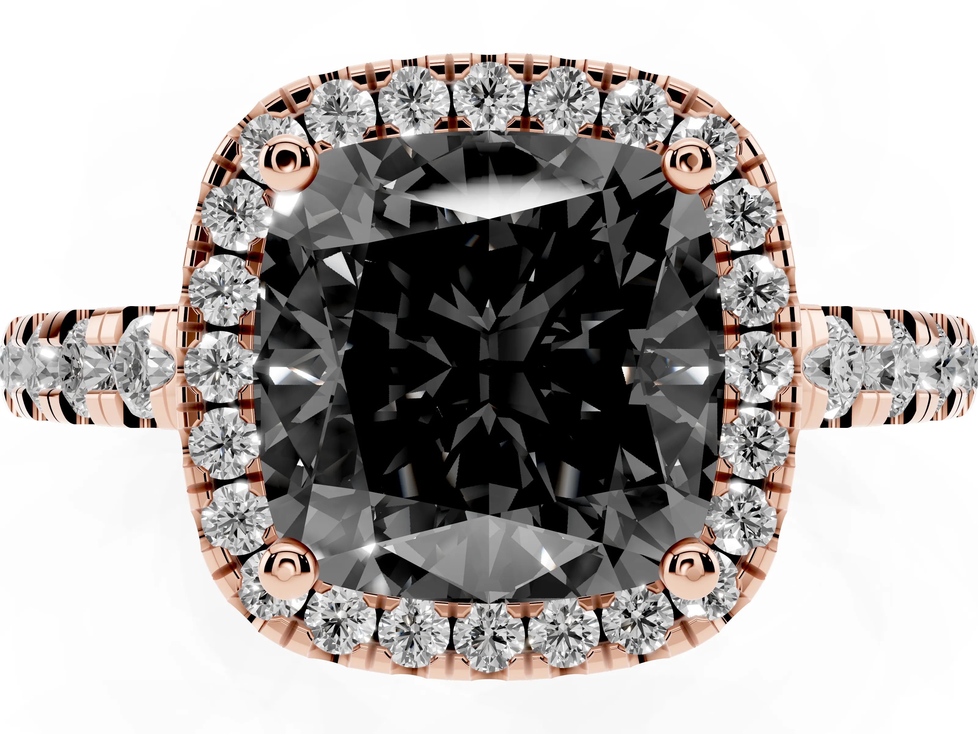 Fancy Black Cushion Cut Diamond Halo Ring Set in Rose gold with Delicate Pavé Band and Prong Setting