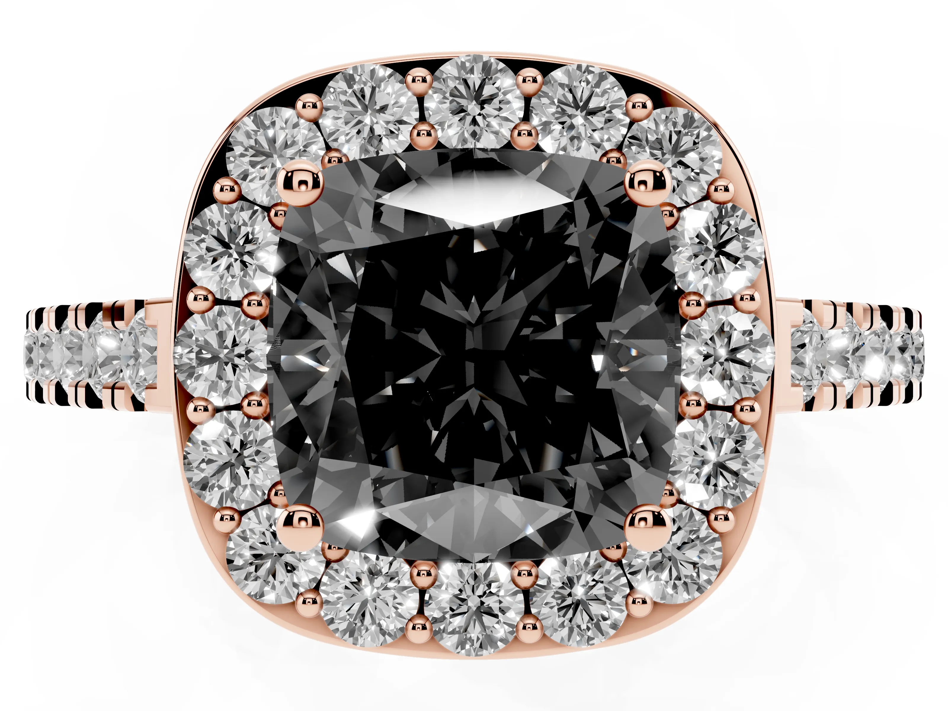 Fancy Black Cushion Cut Diamond Halo Ring Set in Rose gold with Round Pavé Split Shank and Prong Setting