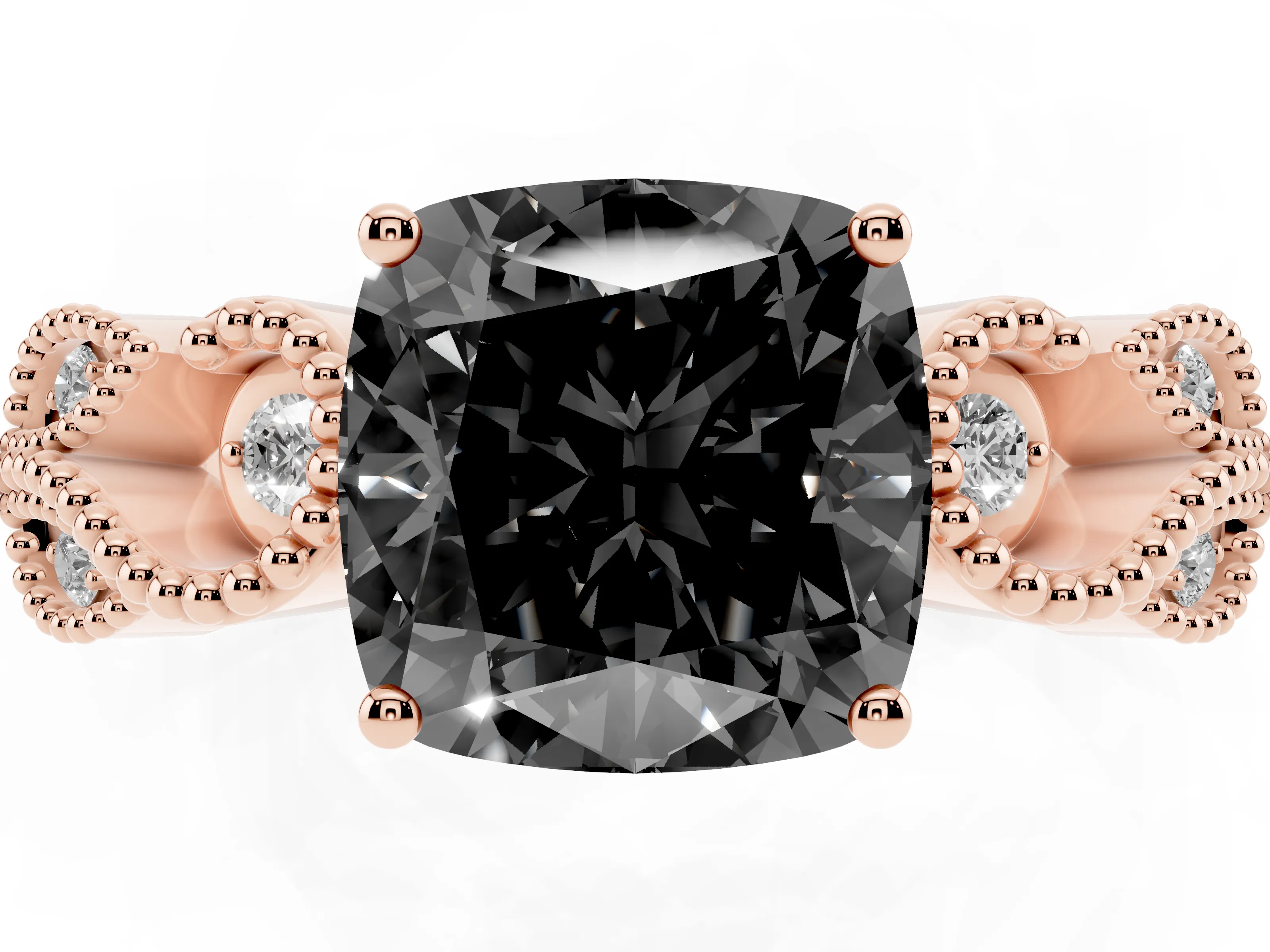 Fancy Black Cushion Cut Diamond Milgrain Leaf Band Solitaire Ring Set in Rose gold with Accent Stones and Prong Setting