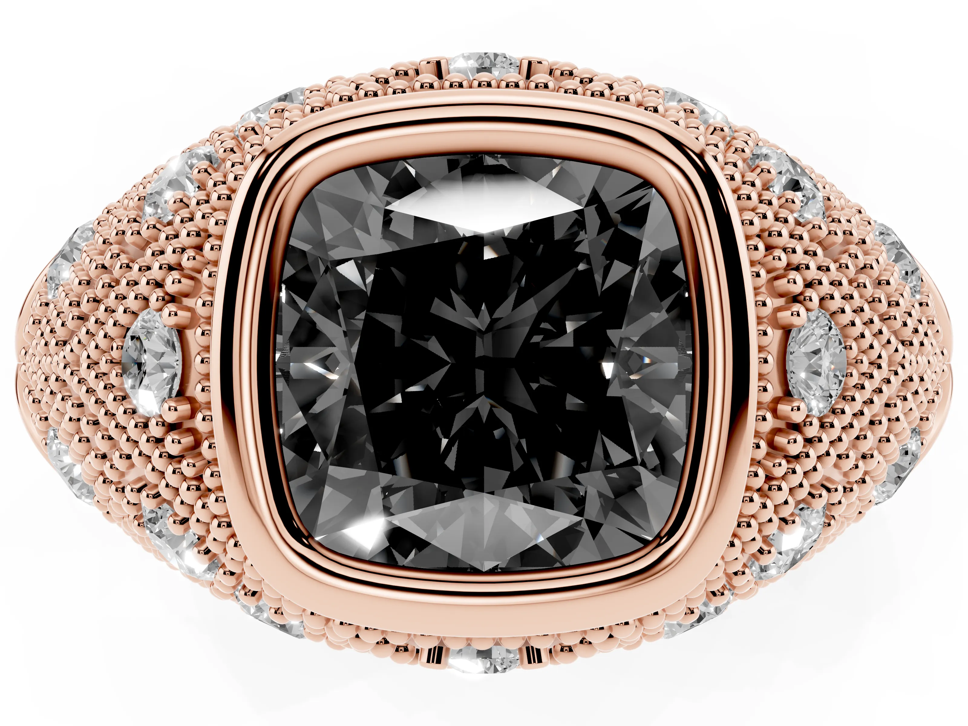Fancy Black Cushion Cut Diamond Bezel Ring Set in Rose gold with Milgrain Accent Band