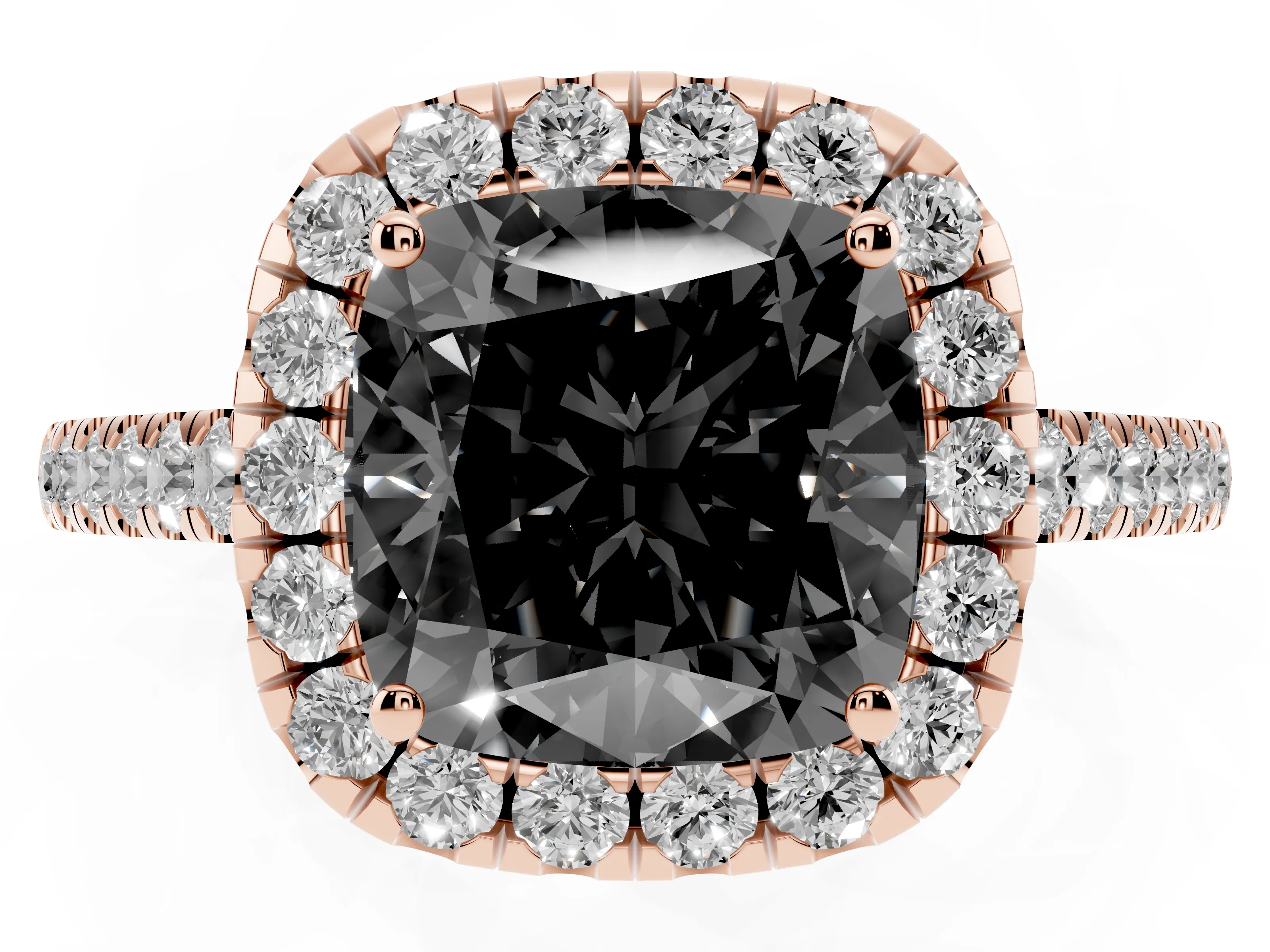 Fancy Black Cushion Cut Diamond Halo Pavé Engagement Ring Set in Rose gold with Prong Setting