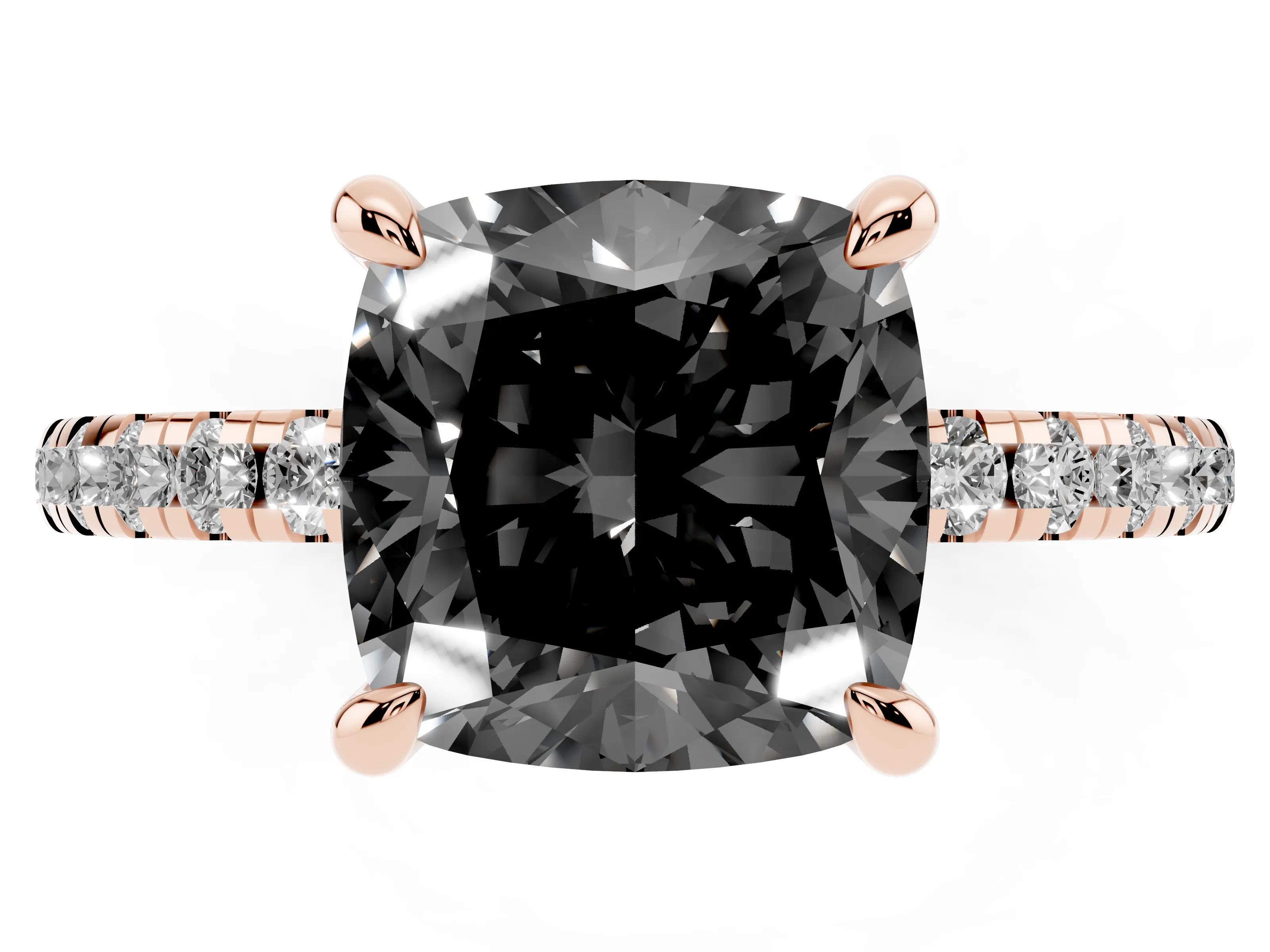 Fancy Black Cushion Cut Diamond Brilliant Solitaire Ring Set in Rose gold with Pavé Band and Prong Setting