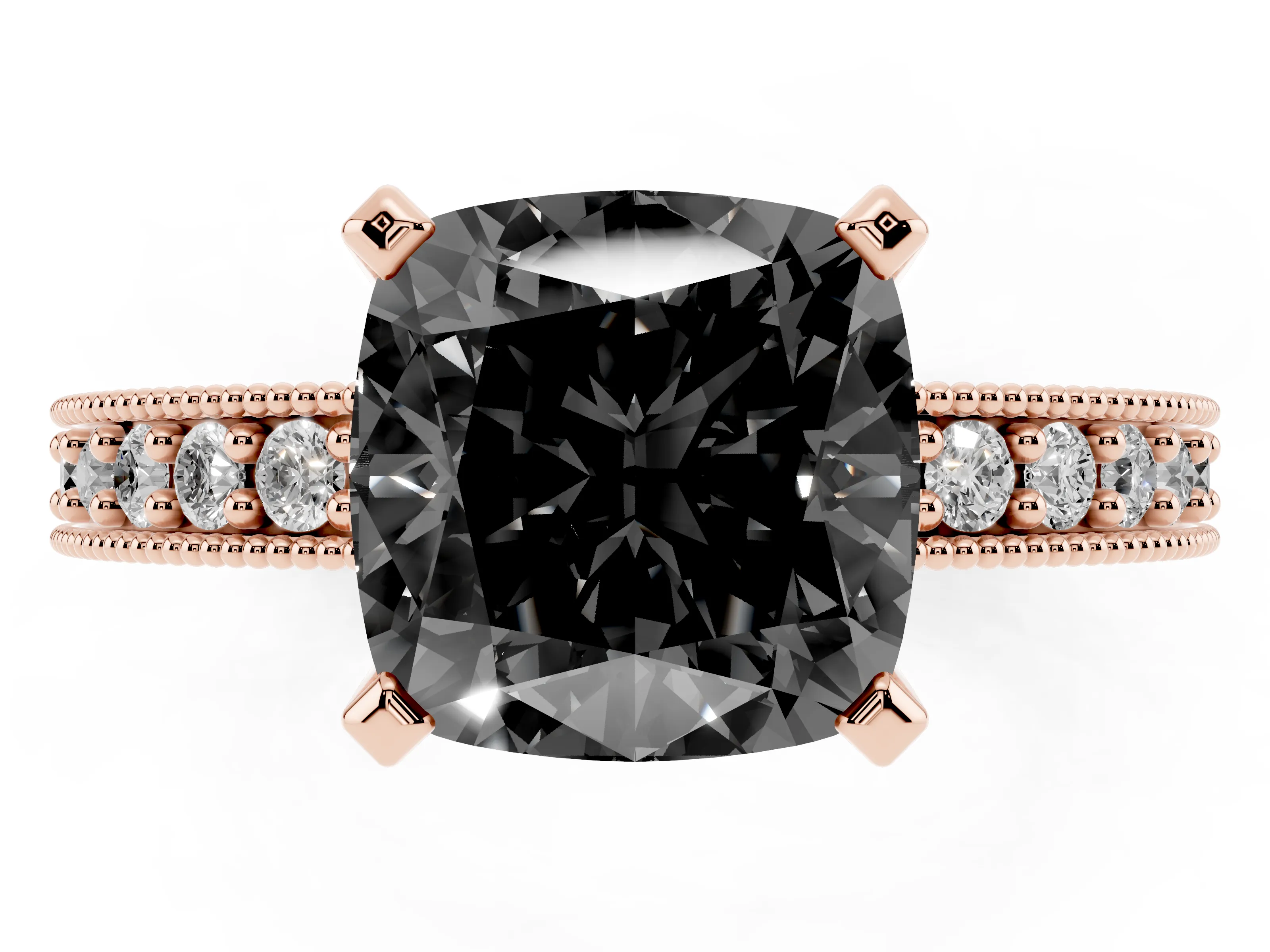 Fancy Black Cushion Cut Diamond Milgrain Pavé Engagement Ring Set in Rose gold with Prong Setting