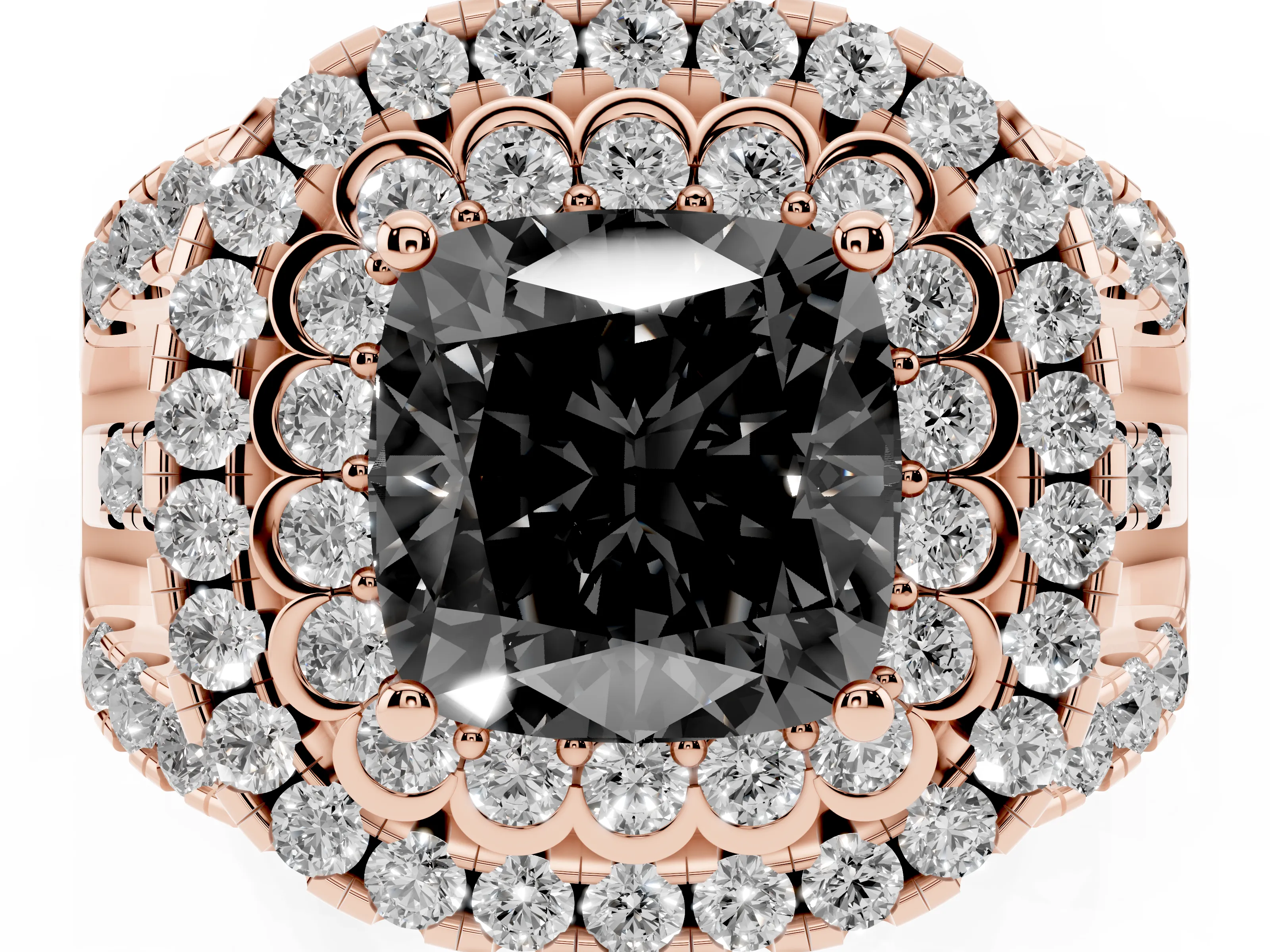 Fancy Black Cushion Cut Diamond Double Halo Ring Set in Rose gold with Round Pavé Split Shank