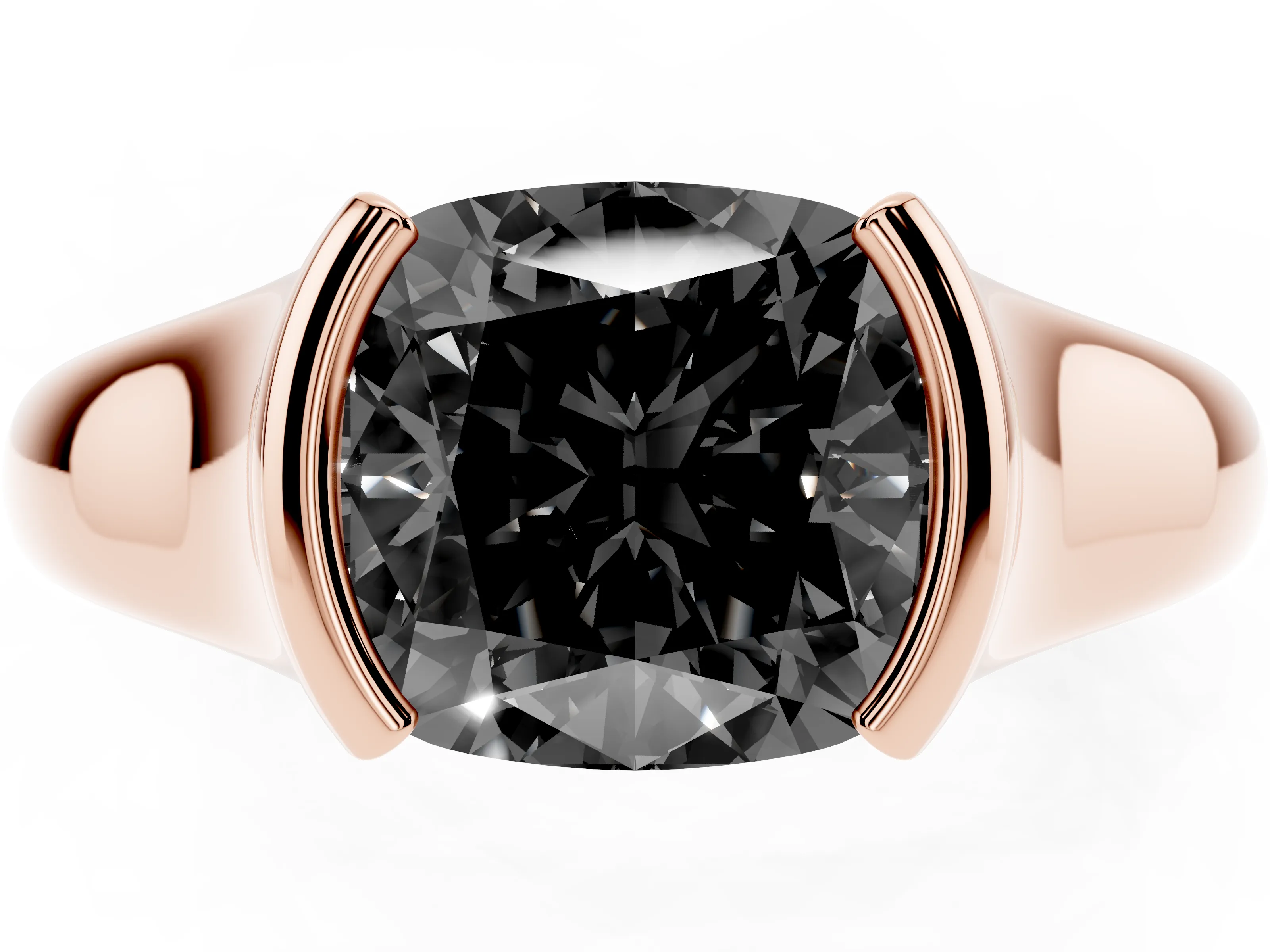 Fancy Black Cushion Cut Diamond Solitaire Tension Set Ring Set in Rose gold with Split Shank Band