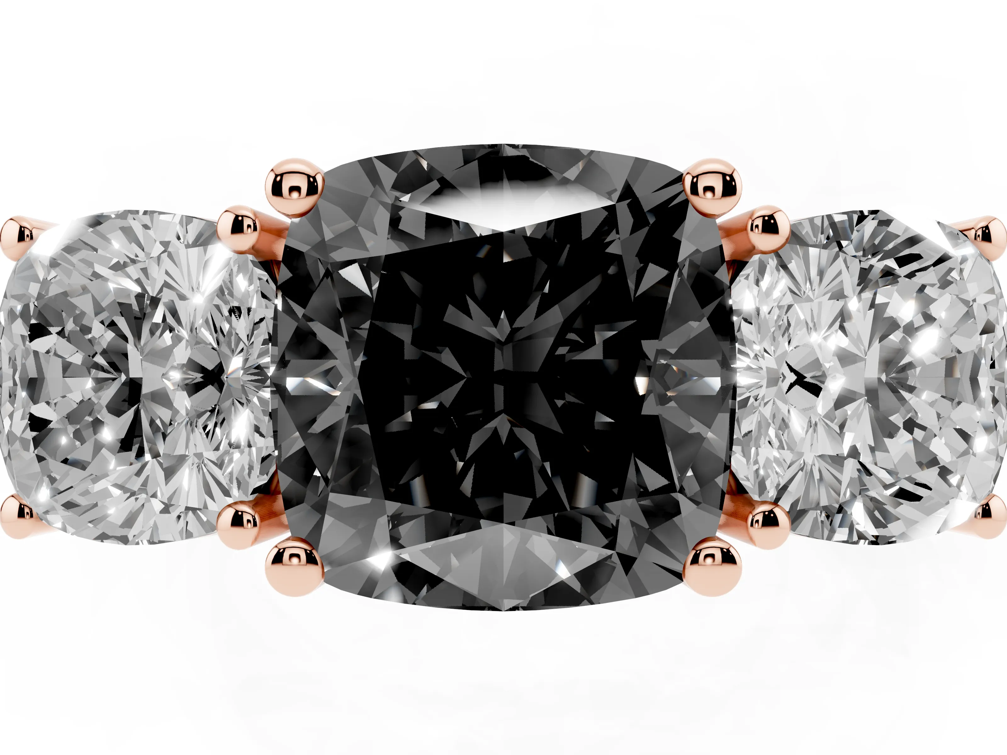 Fancy Black Cushion Cut Diamond Three-Stone Engagement Ring Set in Rose gold with Flat Band