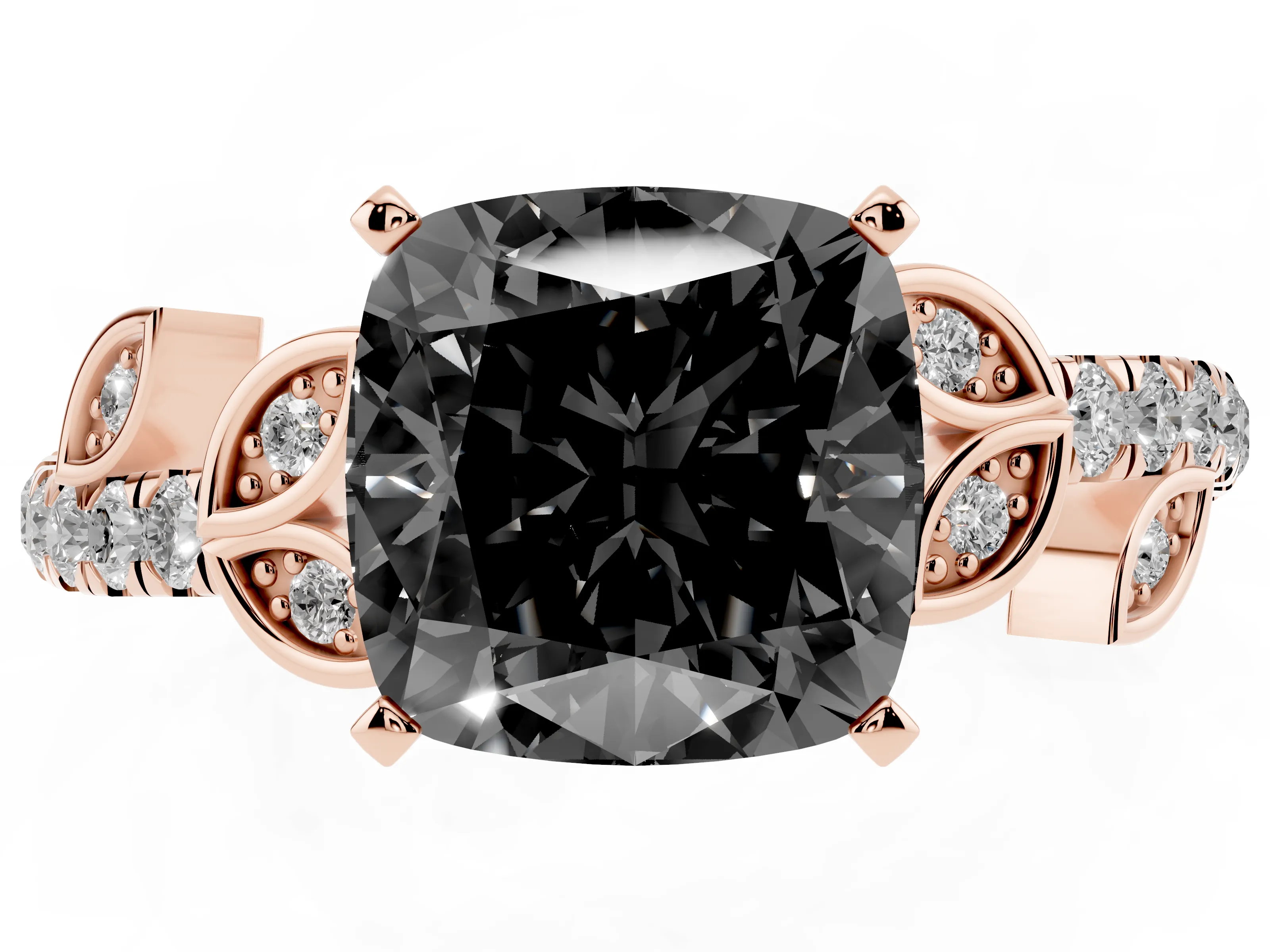 Fancy Black Cushion Cut Diamond Solitaire Leaf-Inspired Ring Set in Rose gold with Pavé Band and Prong Setting