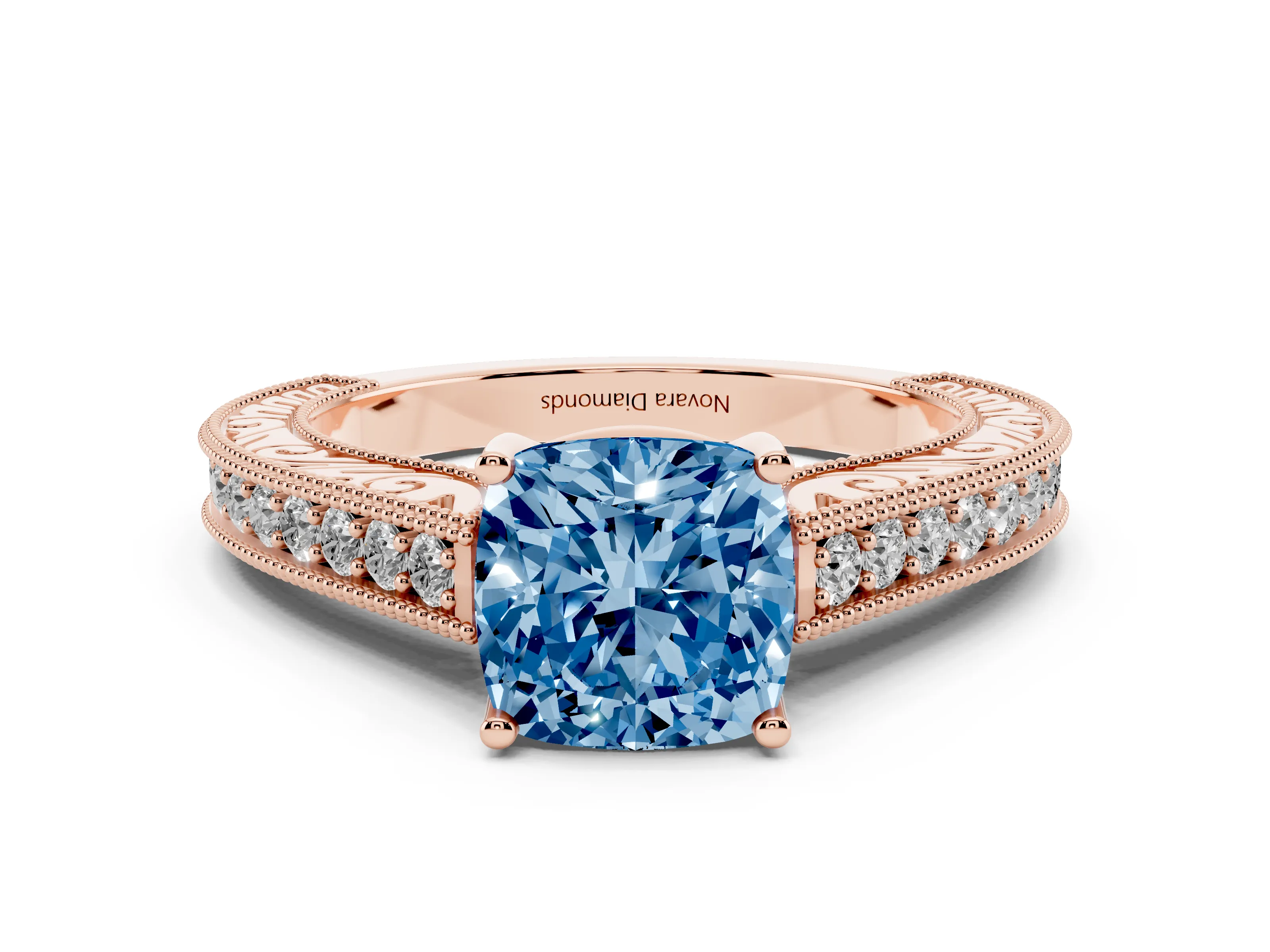Fancy Blue Cushion Cut Diamond Milgrain Pavé Band Solitaire Ring Set in Rose gold with Prong Setting