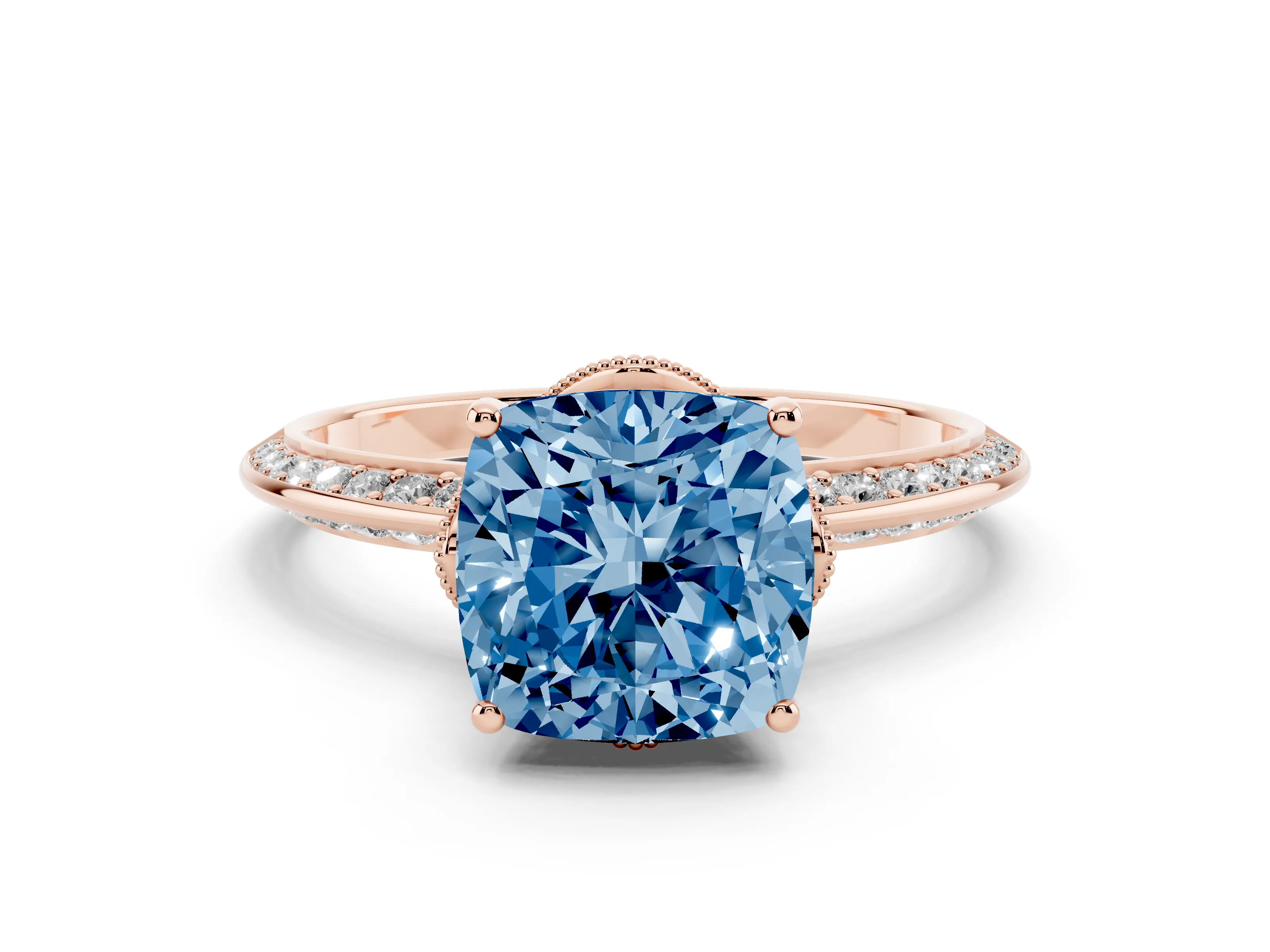 Fancy Blue Cushion Cut Diamond Solitaire Engagement Ring Set in Rose gold with Pavé Split Shank and Prong Setting