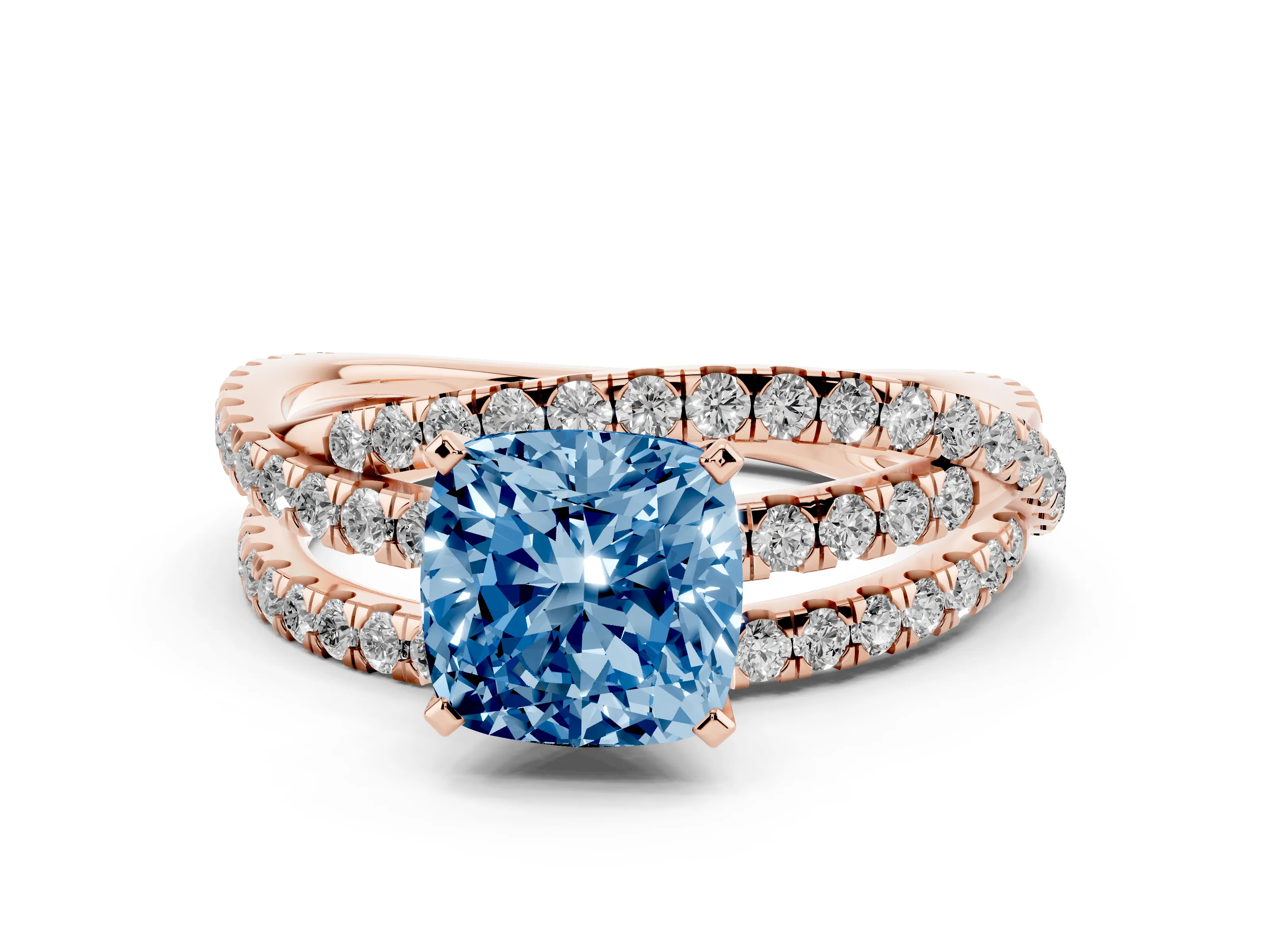 Fancy Blue Cushion Cut Diamond Solitaire Twist Band Ring Set in Rose gold with Pavé Setting and Prong Head