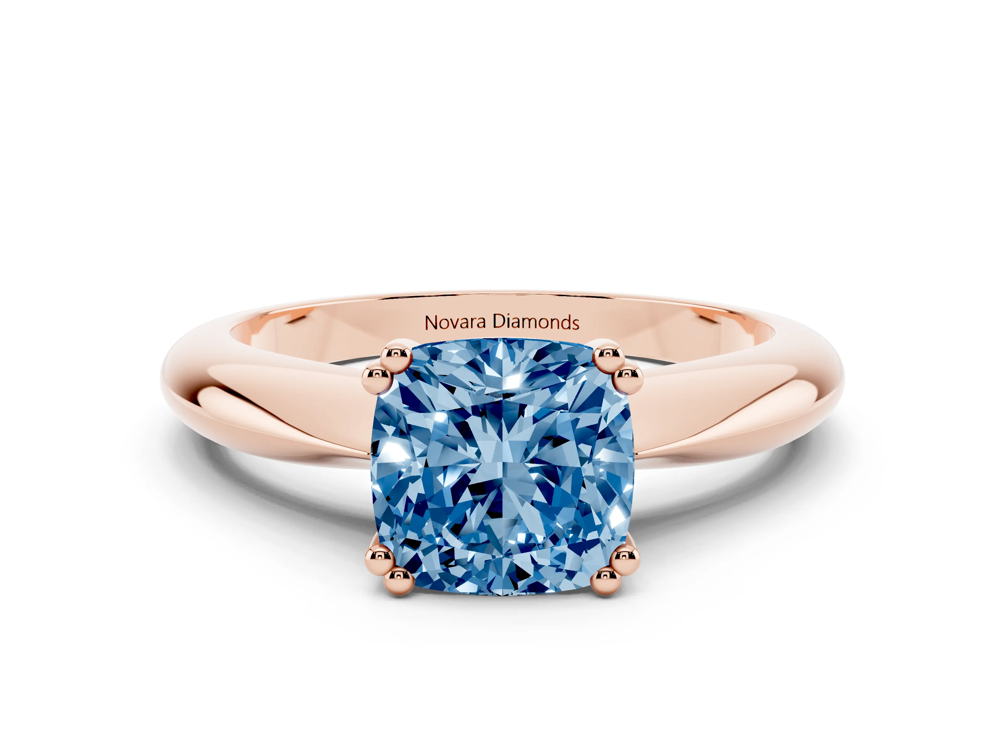 Fancy Blue Cushion Cut Diamond Solitaire Engagement Ring Set in Rose gold with Tapered Band and Prong Setting