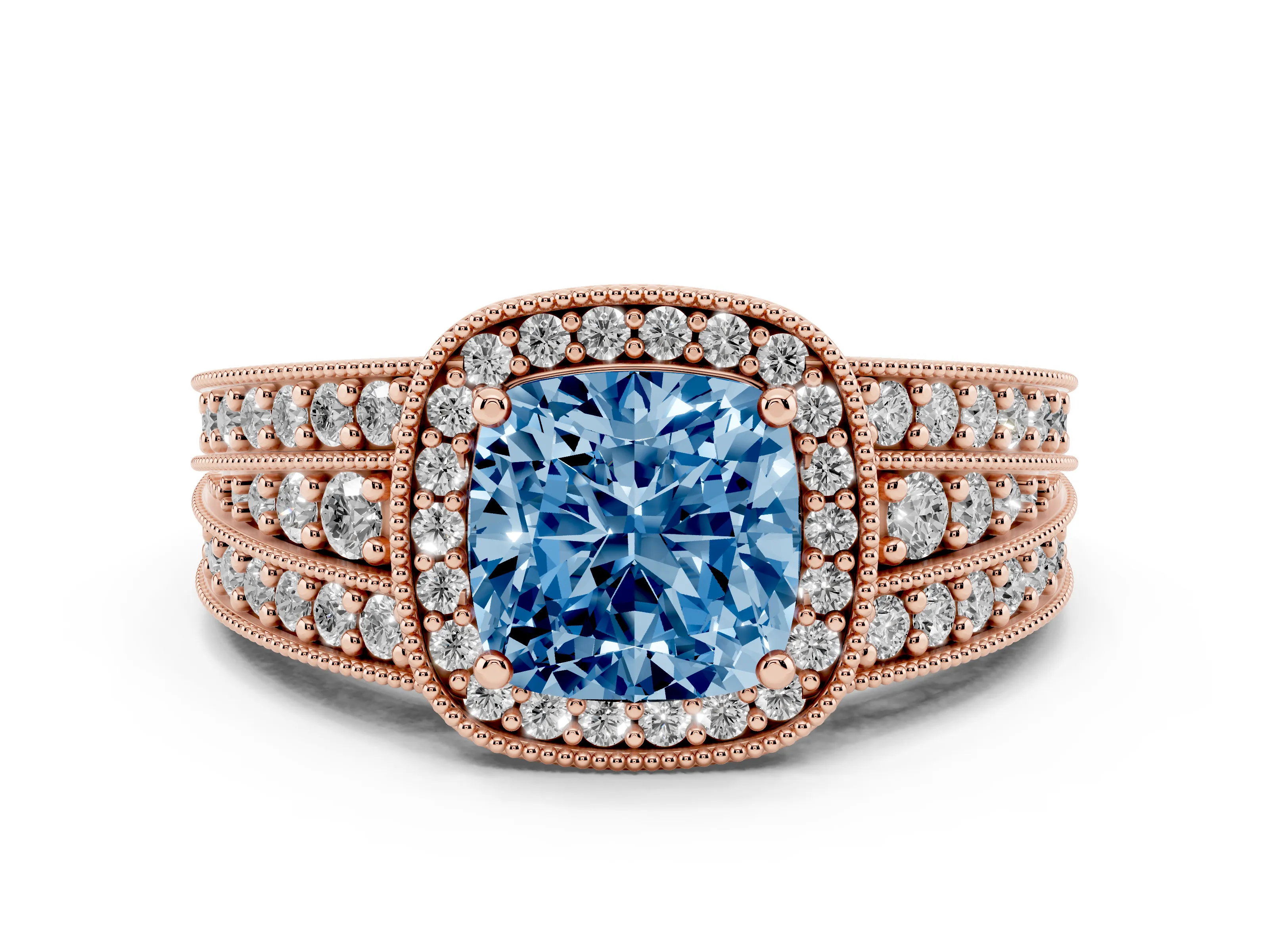 Fancy Blue Cushion Cut Diamond Halo Ring Set in Rose gold with Accent Split Shank and Prong Setting