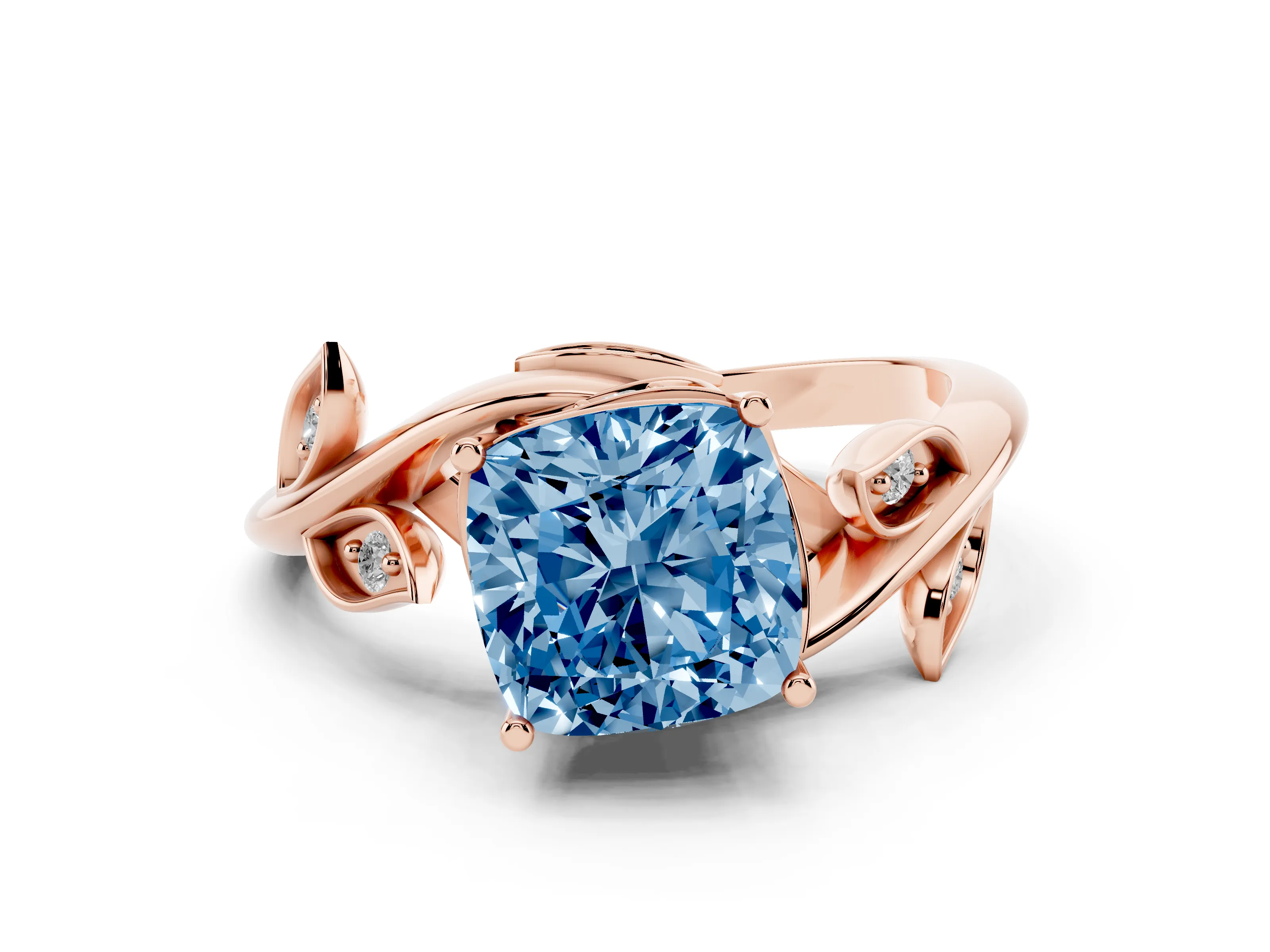 Fancy Blue Cushion Cut Diamond Solitaire Twist Engagement Ring Set in Rose gold with Pavé Leaf Accents