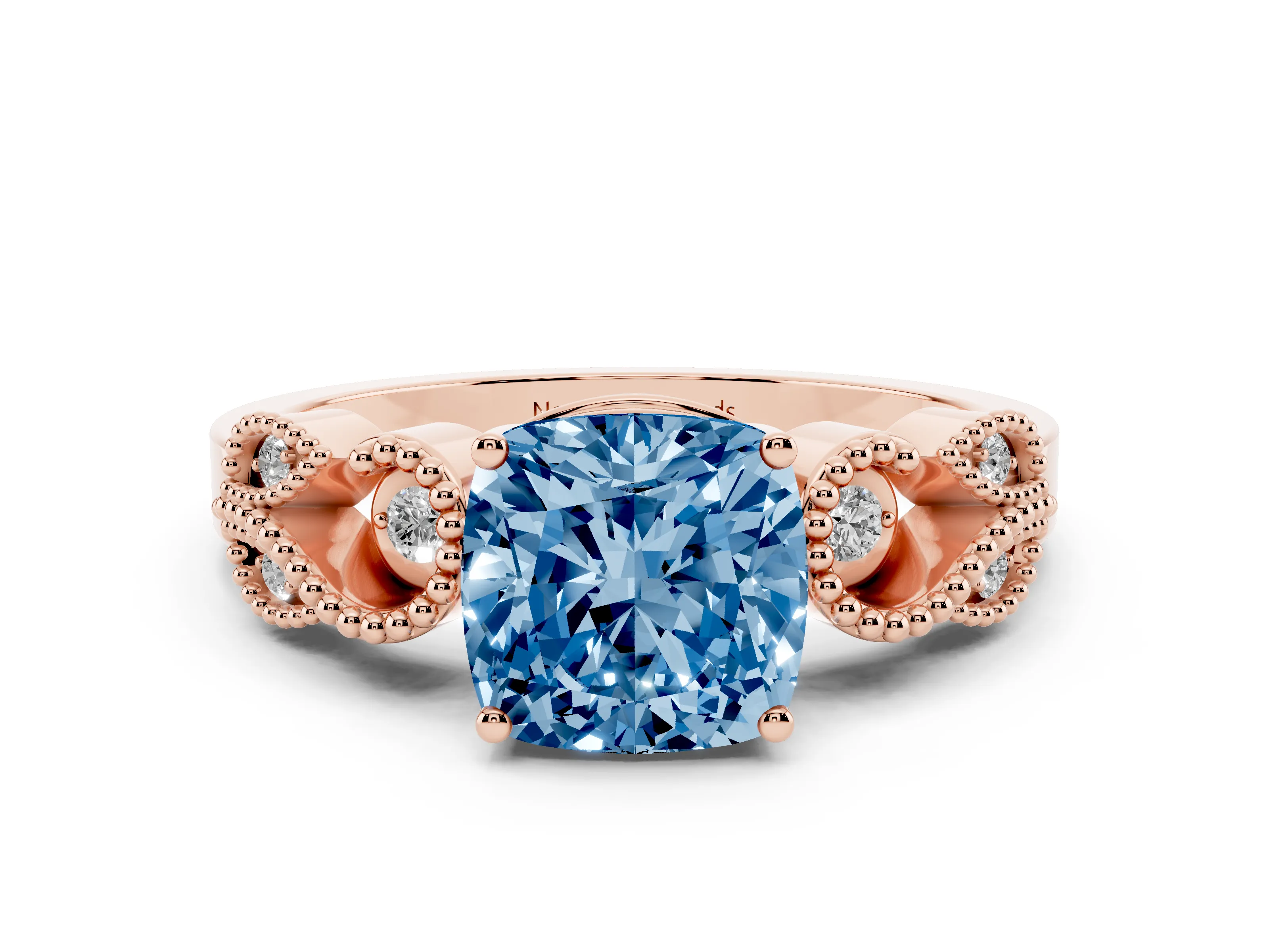 Fancy Blue Cushion Cut Diamond Milgrain Leaf Band Solitaire Ring Set in Rose gold with Accent Stones and Prong Setting