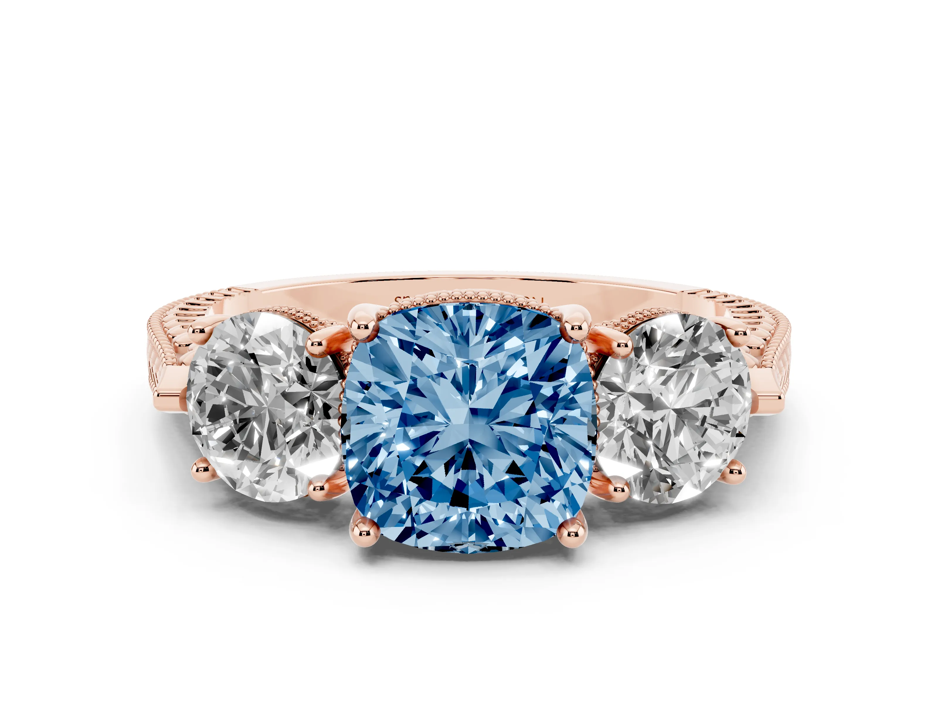 Fancy Blue Cushion Cut Diamond Three-Stone Ring Set in Rose gold with Milgrain Band
