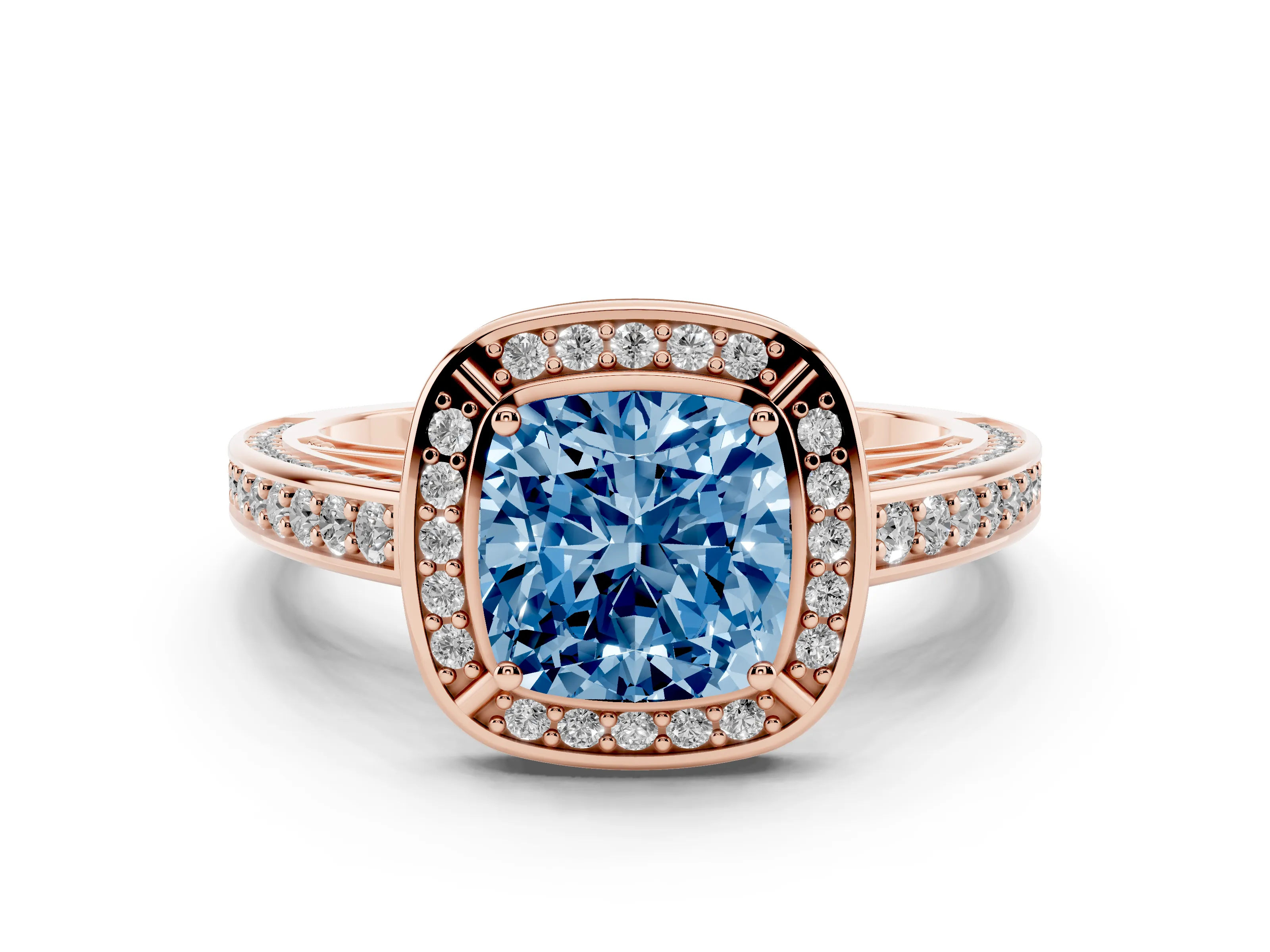 Fancy Blue Cushion Cut Diamond Halo Pavé Split Shank Ring Set in Rose gold with Prong Setting