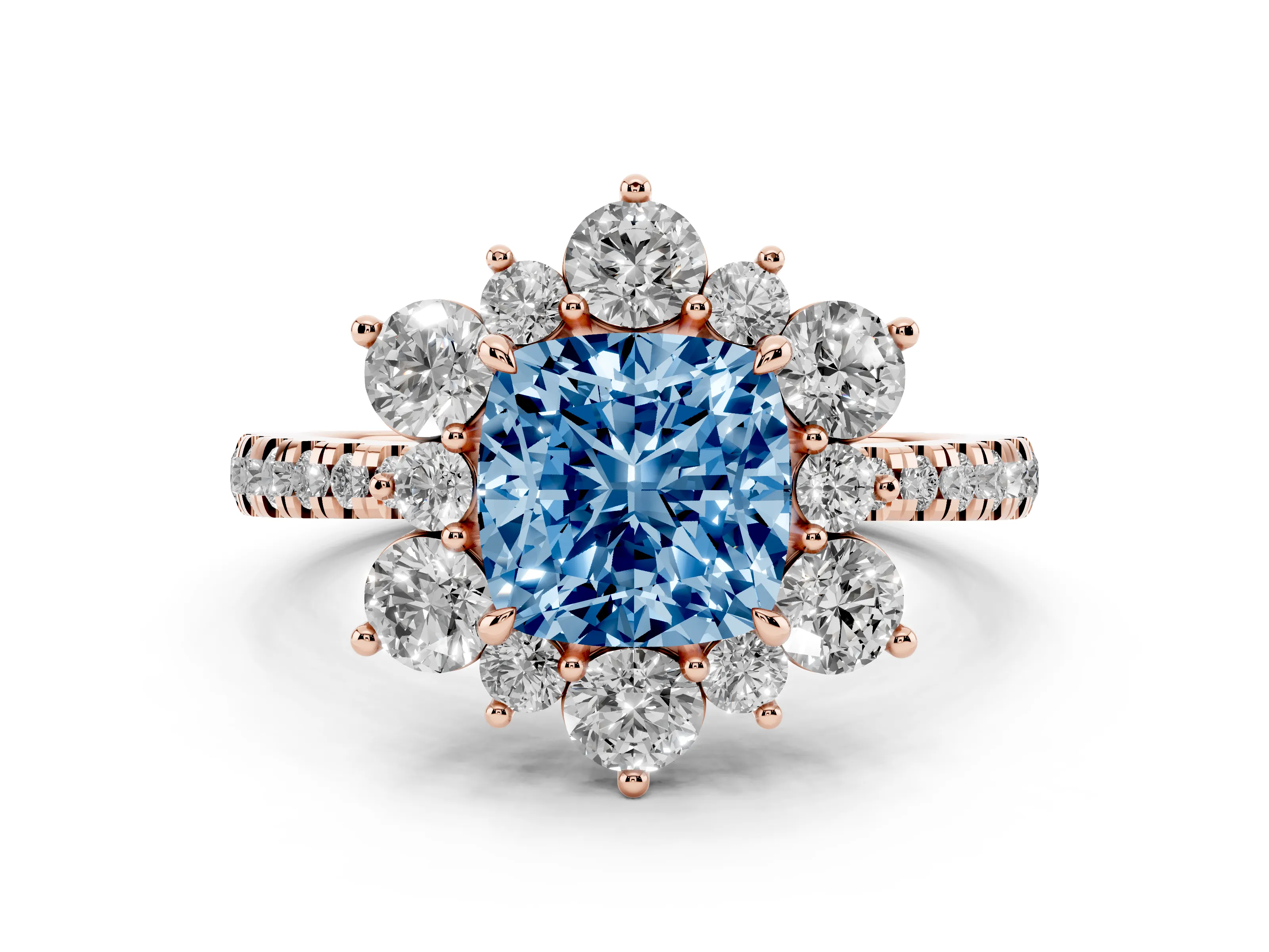 Fancy Blue Cushion Cut Diamond Floral Halo Ring Set in Rose gold with Round Pavé Band and Prong Setting