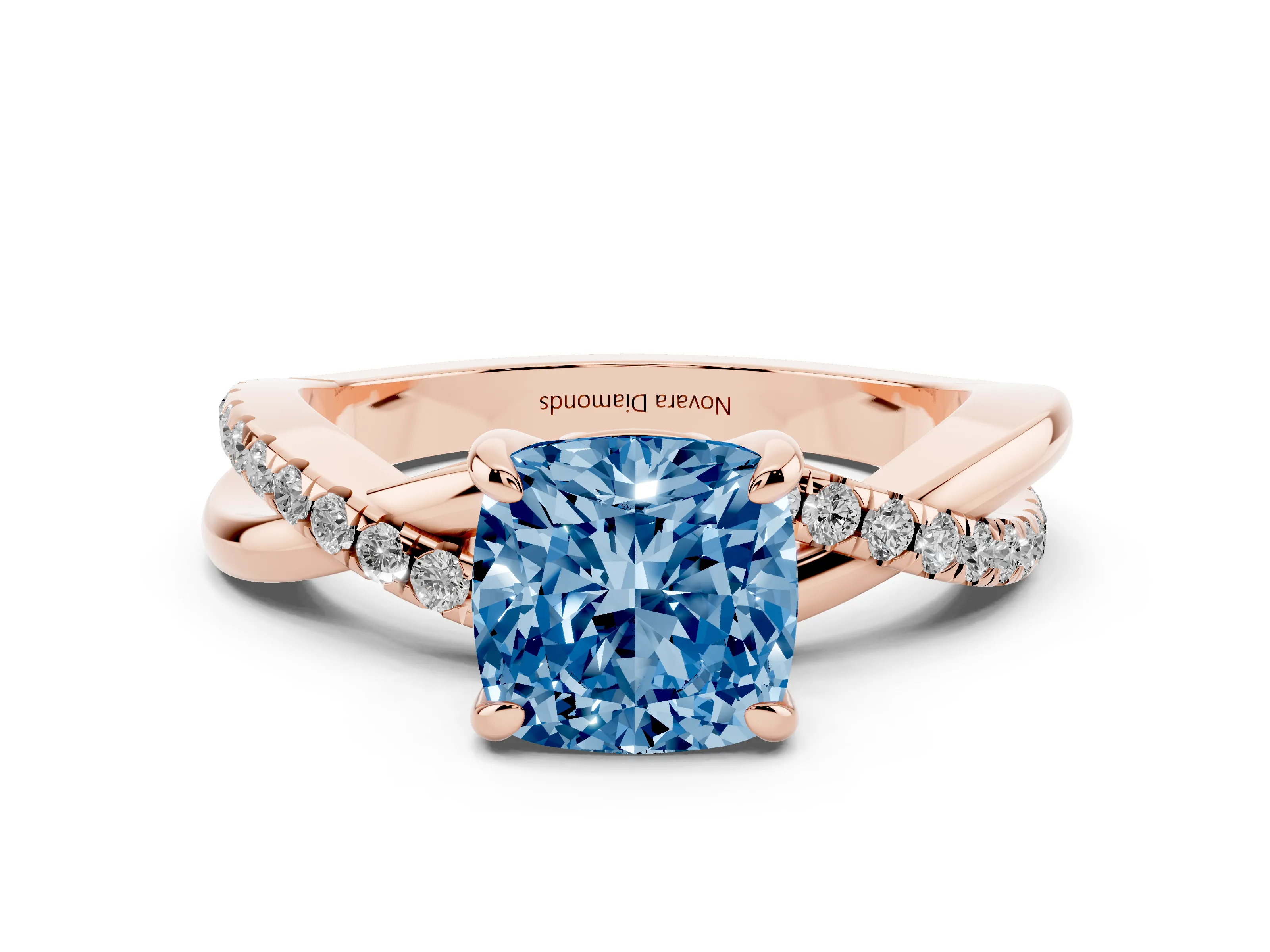 Fancy Blue Cushion Cut Diamond Twist Band Pavé Solitaire Ring Set in Rose gold with Prong Setting
