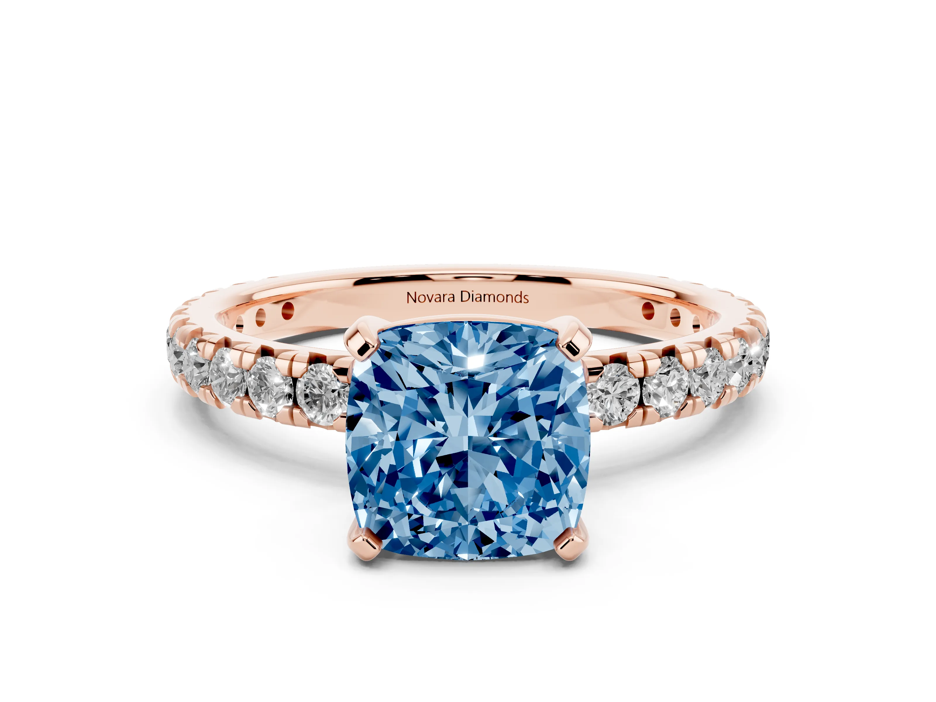 Fancy Blue Cushion Cut Diamond Pavé Solitaire Ring Set in Rose gold with Round Band and Prong Setting
