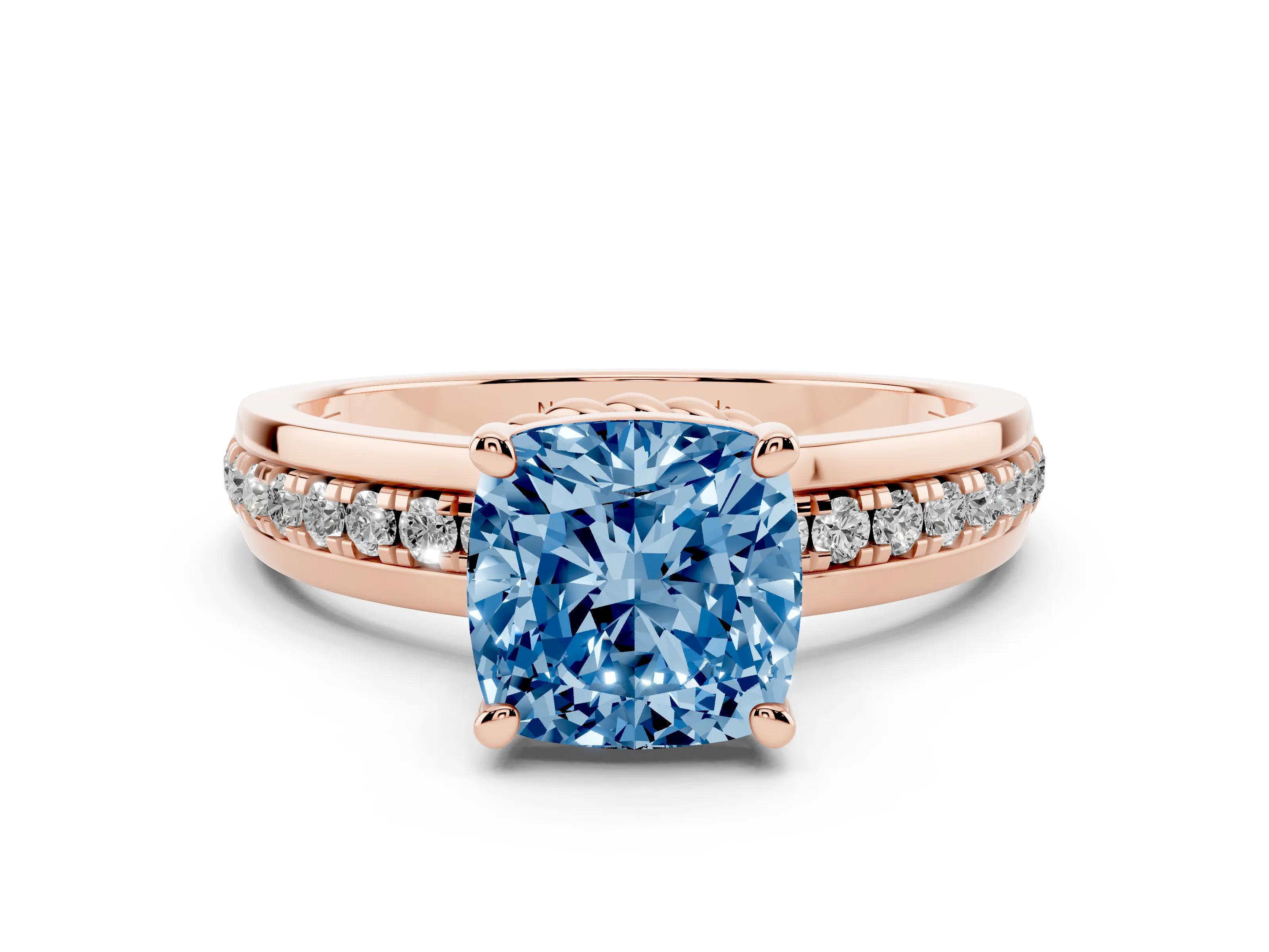 Fancy Blue Cushion Cut Diamond Solitaire Ring Set in Rose gold with Channel Set Band and Prong Setting