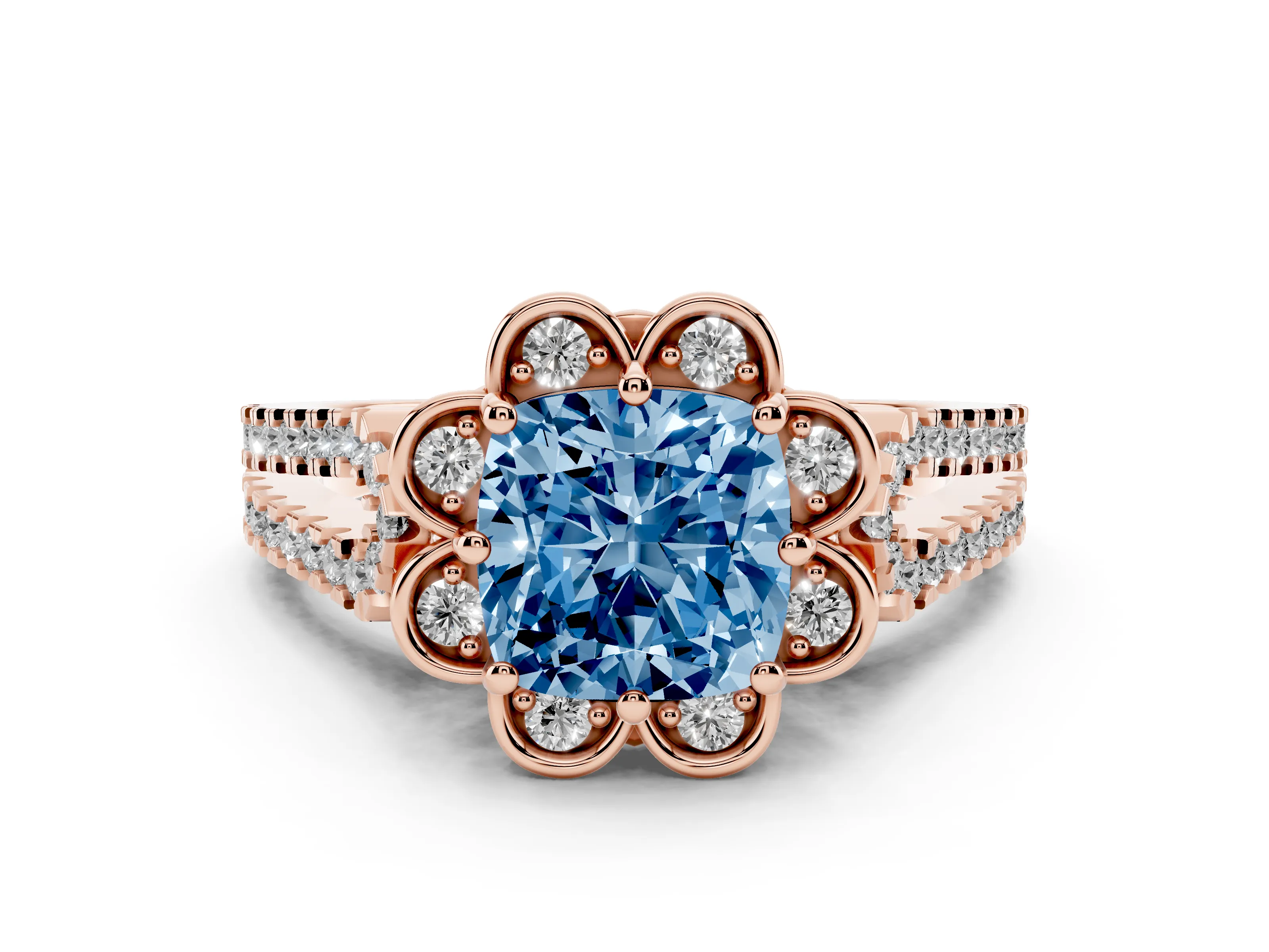 Fancy Blue Cushion Cut Diamond Floral Halo Split Shank Engagement Ring Set in Rose gold with Pavé Shank