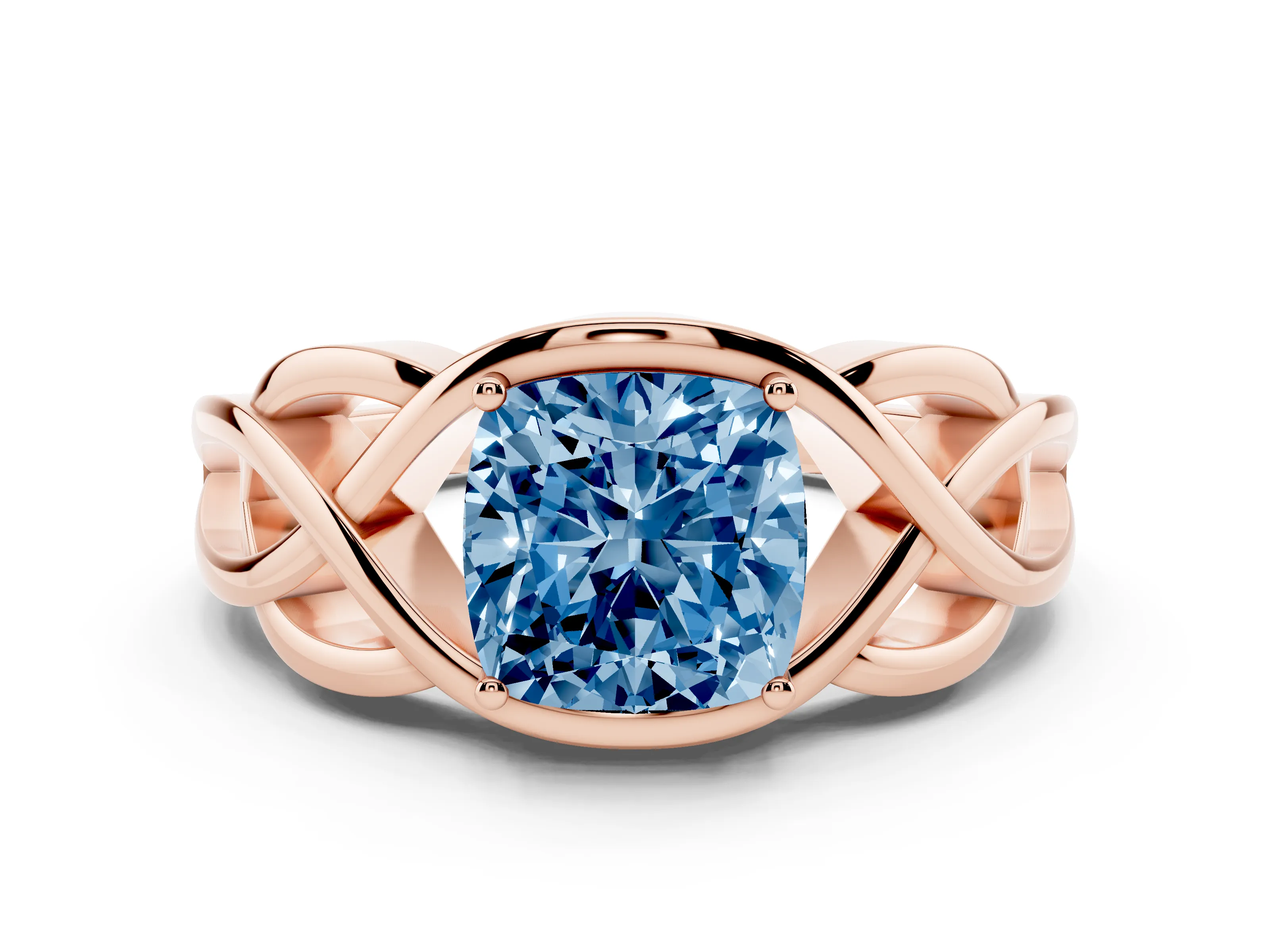 Fancy Blue Cushion Cut Diamond Solitaire Ring Set in Rose gold with Intertwined Band