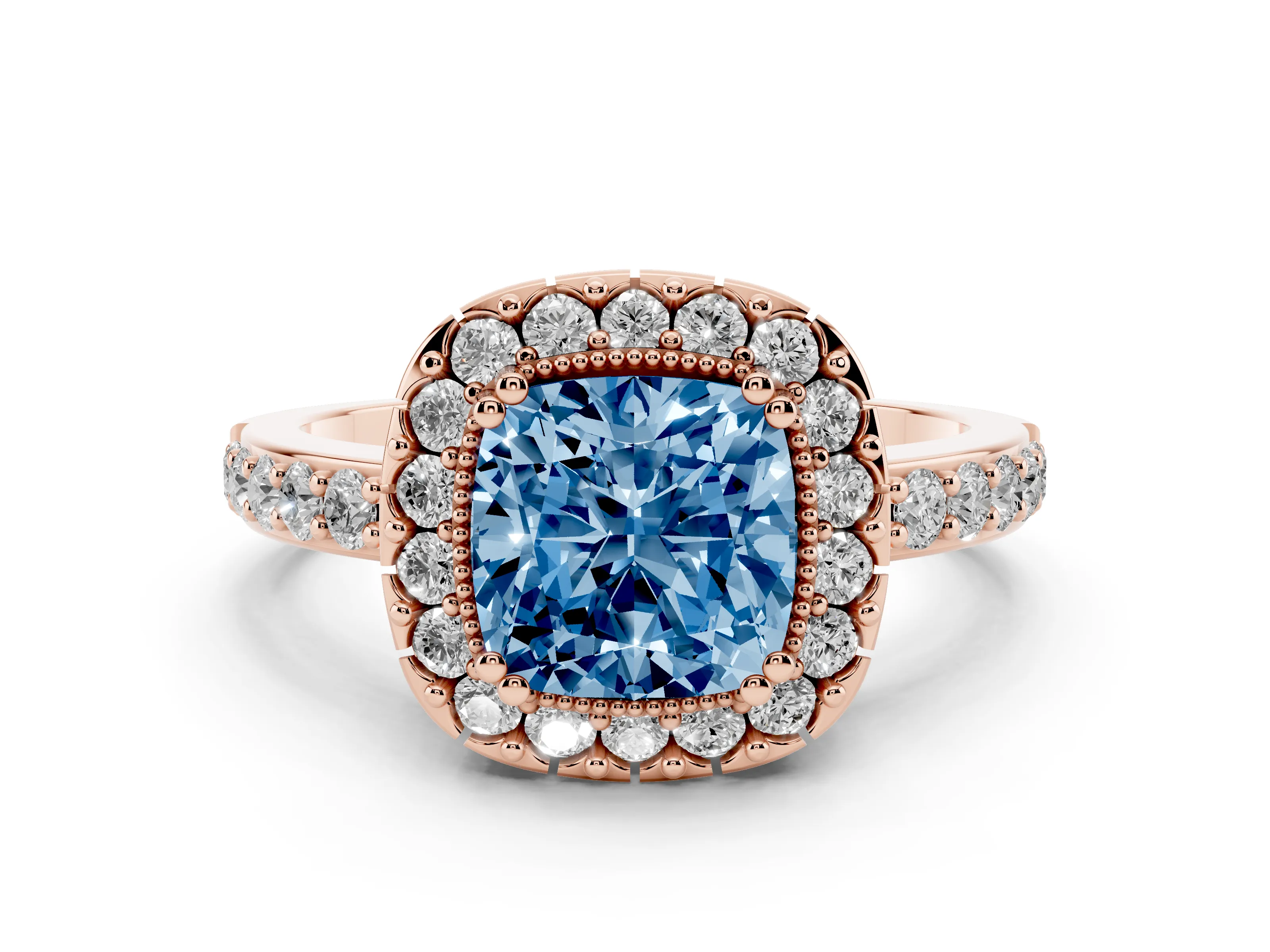 Fancy Blue Cushion Cut Diamond Halo Ring Set in Rose gold with Pavé Shank and Prong Setting
