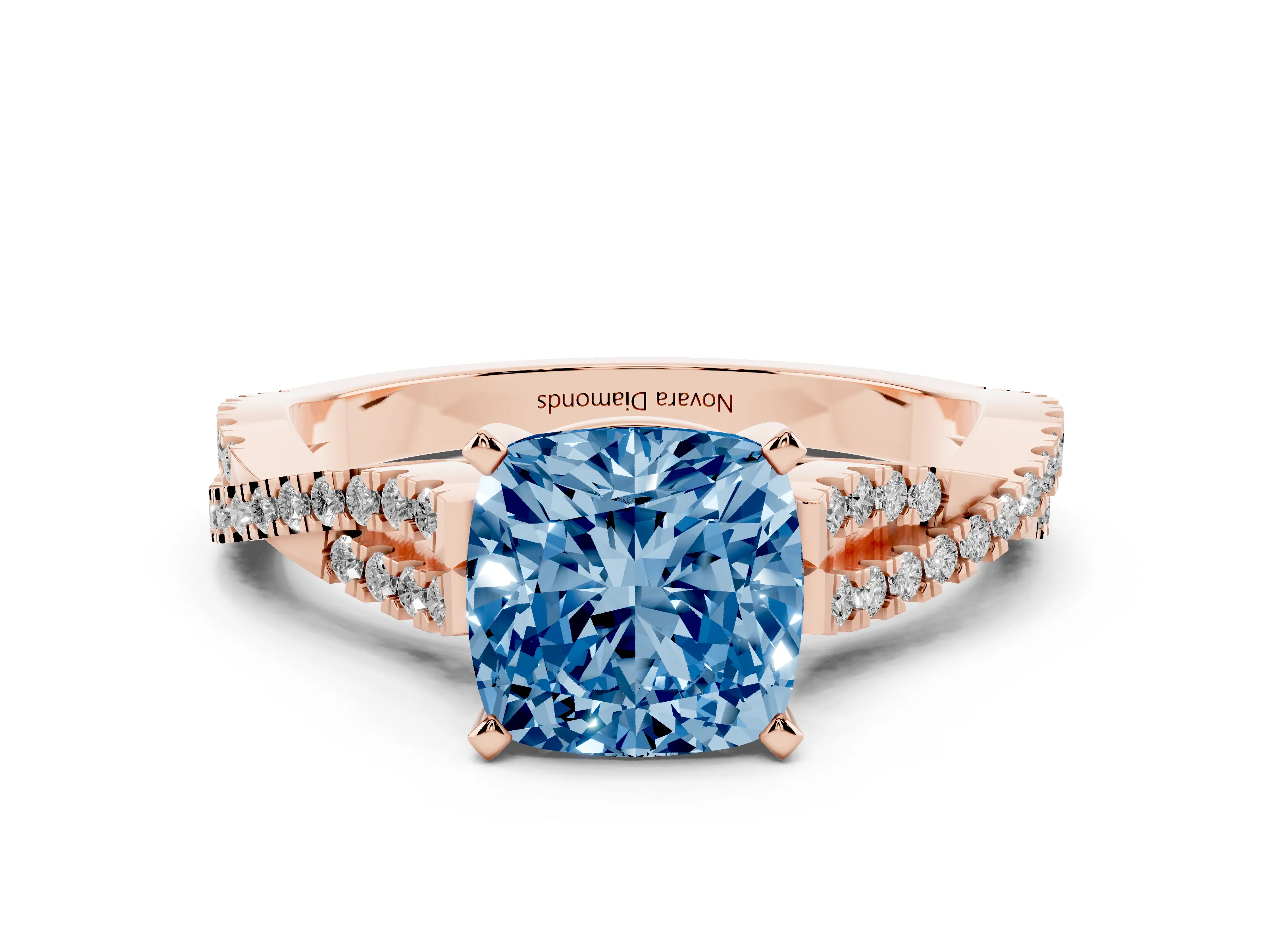 Fancy Blue Cushion Cut Diamond Solitaire Engagement Ring Set in Rose gold with Twisted Pavé Band and Prong Setting