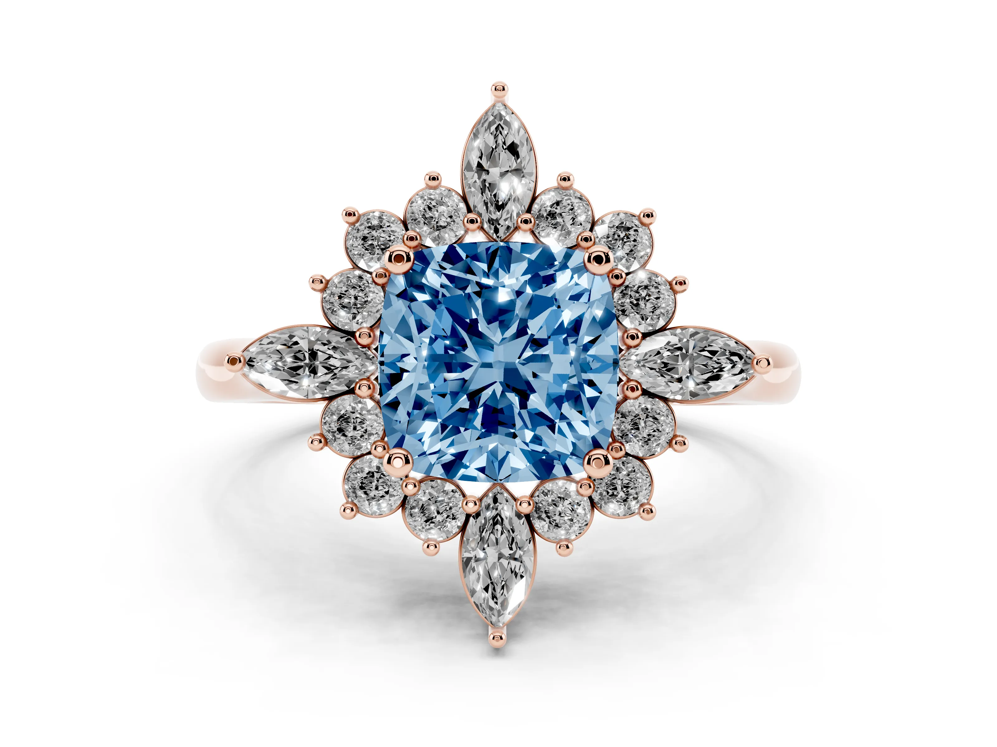 Fancy Blue Cushion Cut Diamond Cluster Halo Ring Set in Rose gold with Marquise and Round Accents