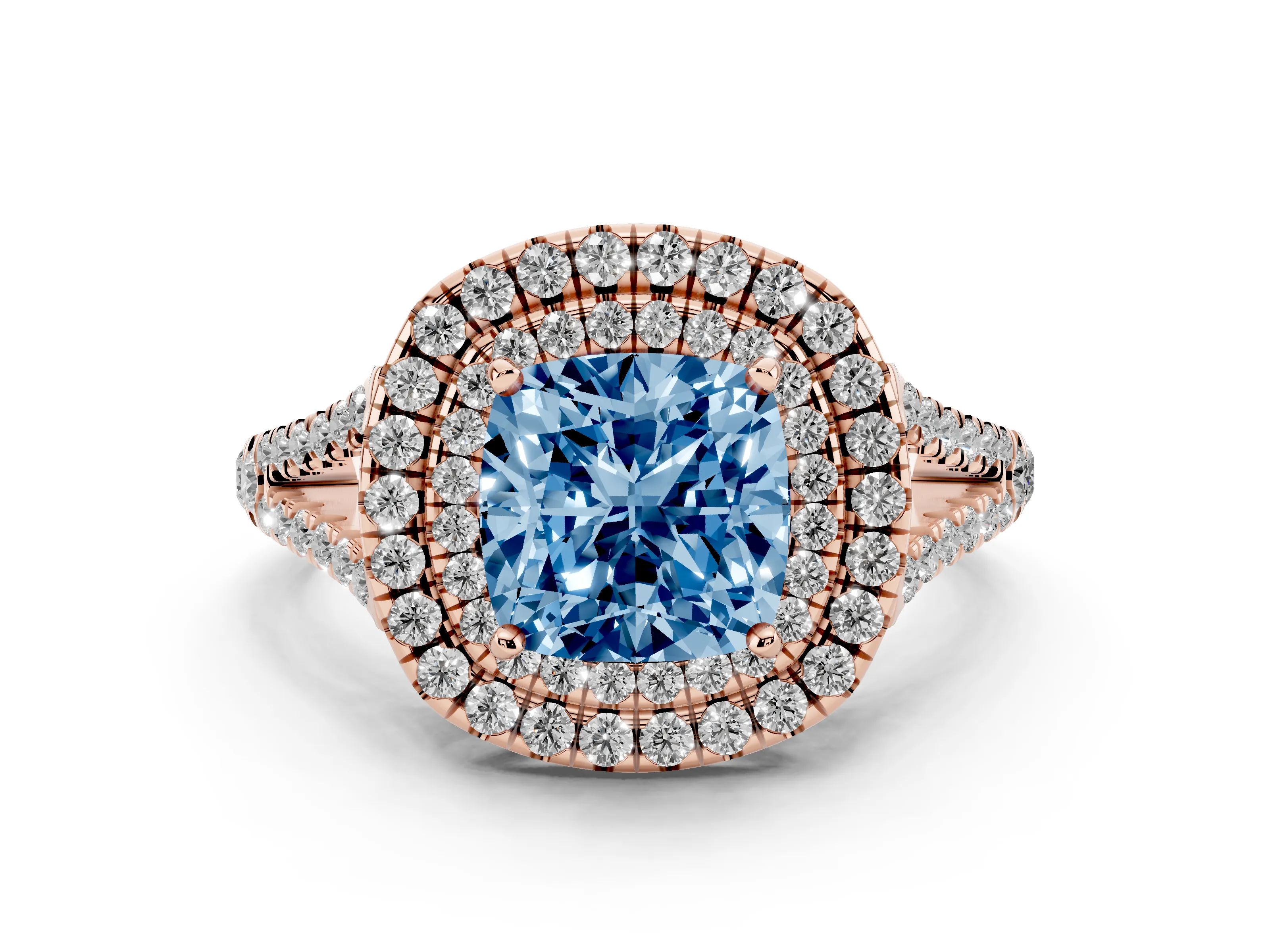 Fancy Blue Cushion Cut Diamond Double Halo Ring Set in Rose gold with Pavé Band