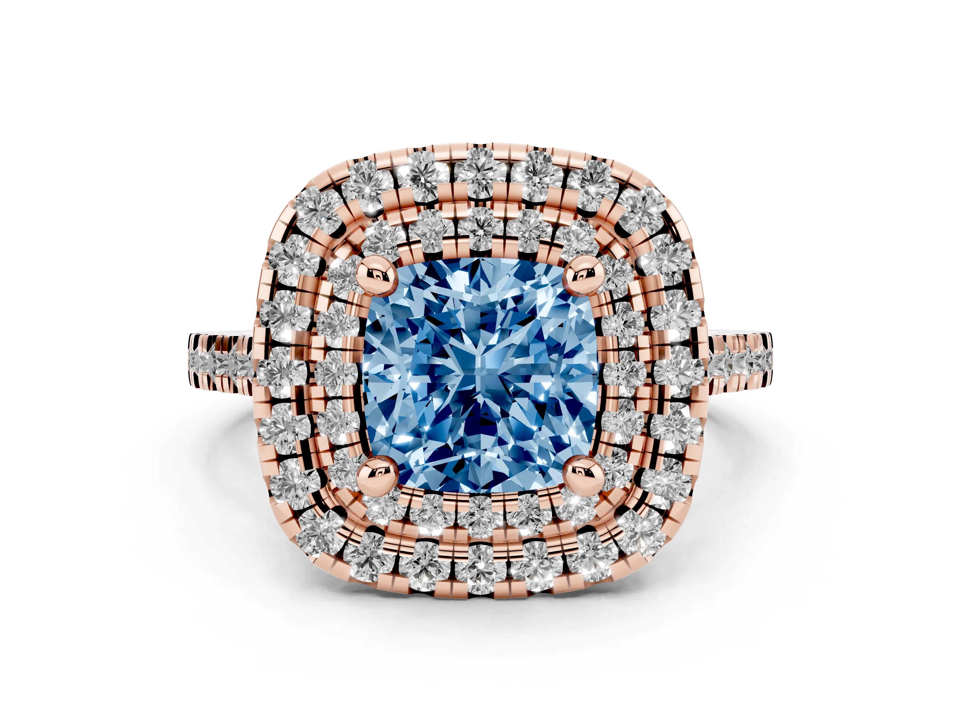 Fancy Blue Cushion Cut Diamond Double Halo Statement Ring Set in Rose gold with Pavé Band