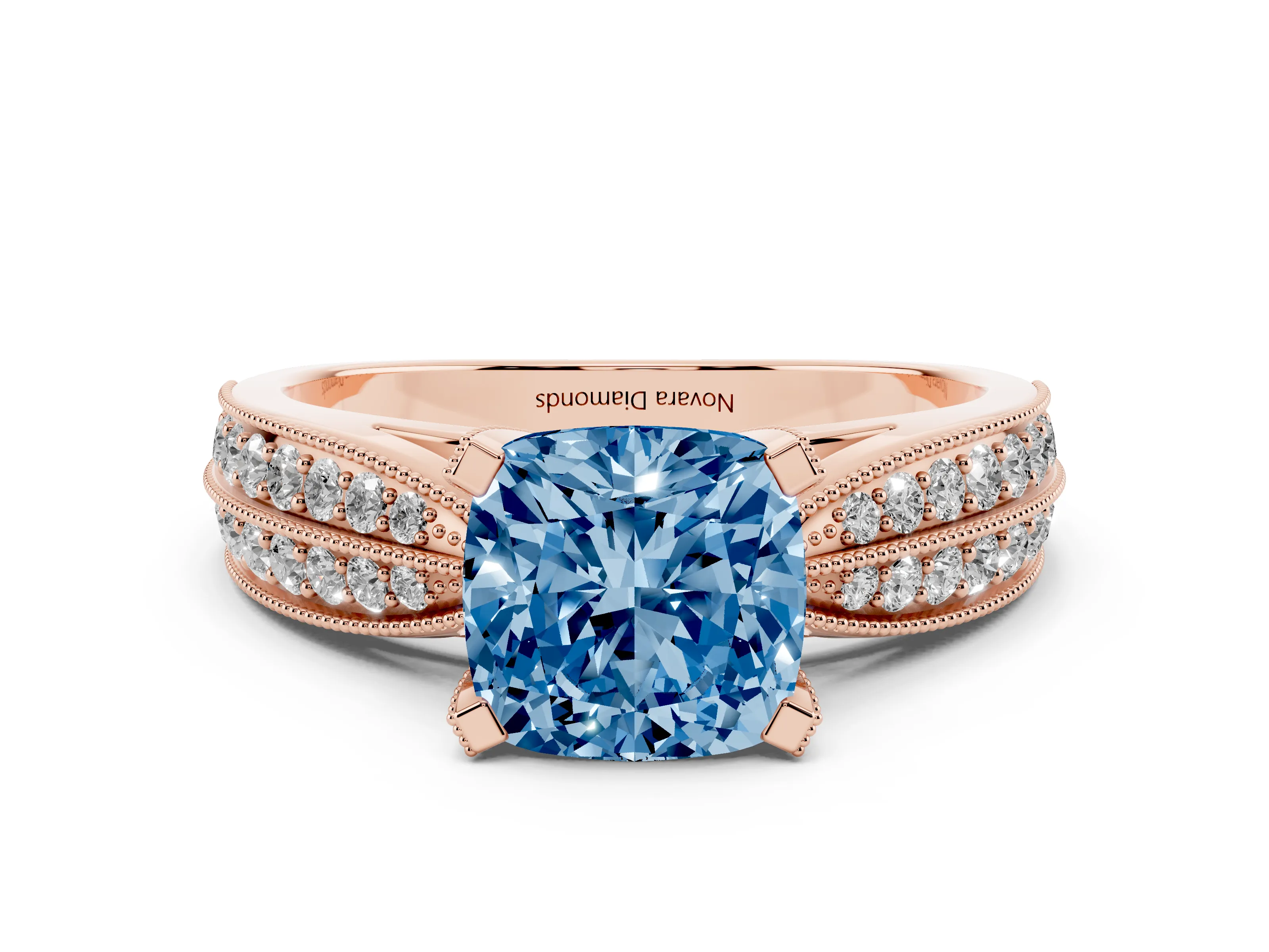 Fancy Blue Cushion Cut Diamond Solitaire Ring Set in Rose gold with Milgrain Double Row Round Pavé Band