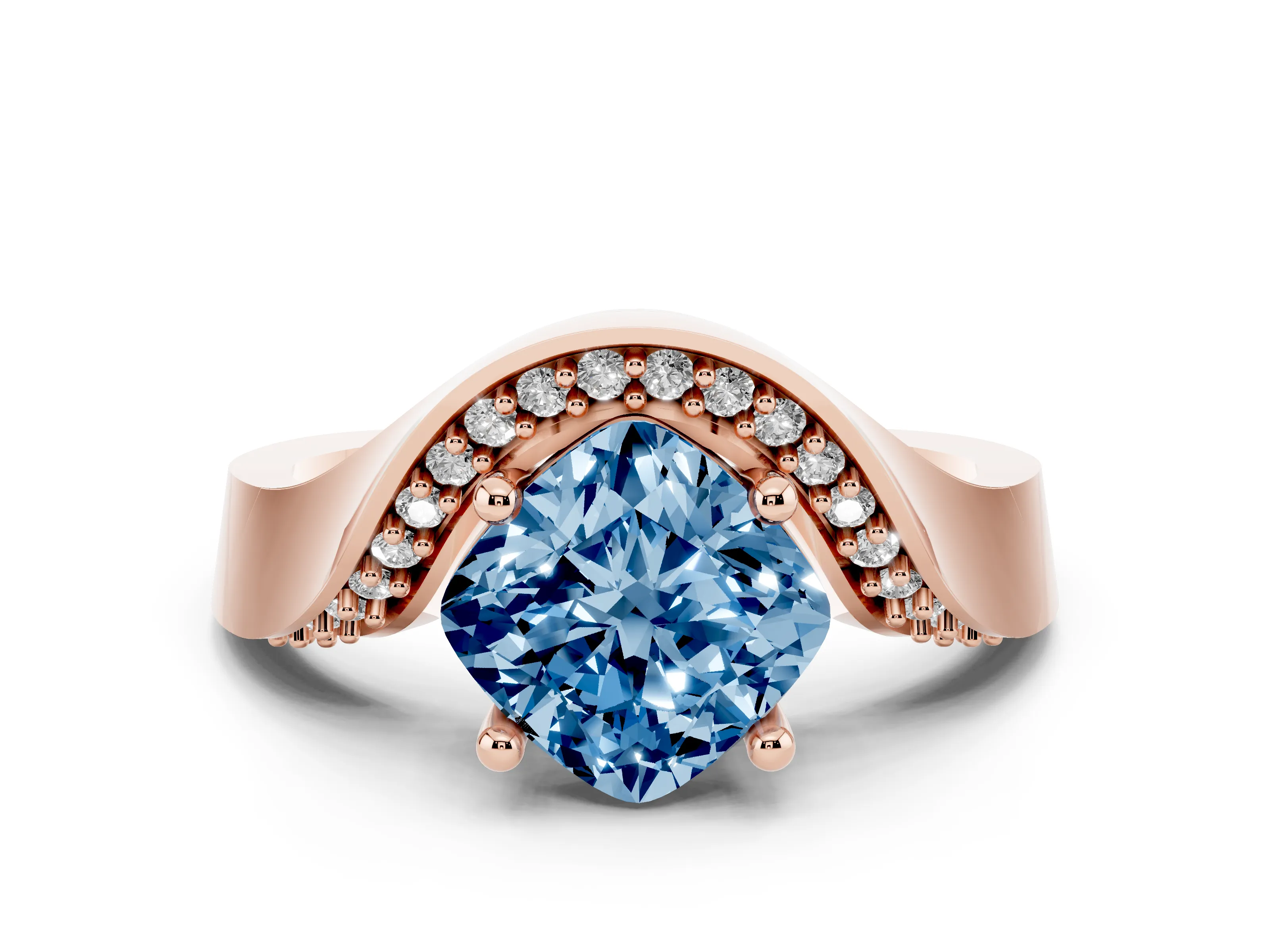 Fancy Blue Cushion Cut Diamond Solitaire Engagement Ring Set in Rose gold with Pavé Shoulders