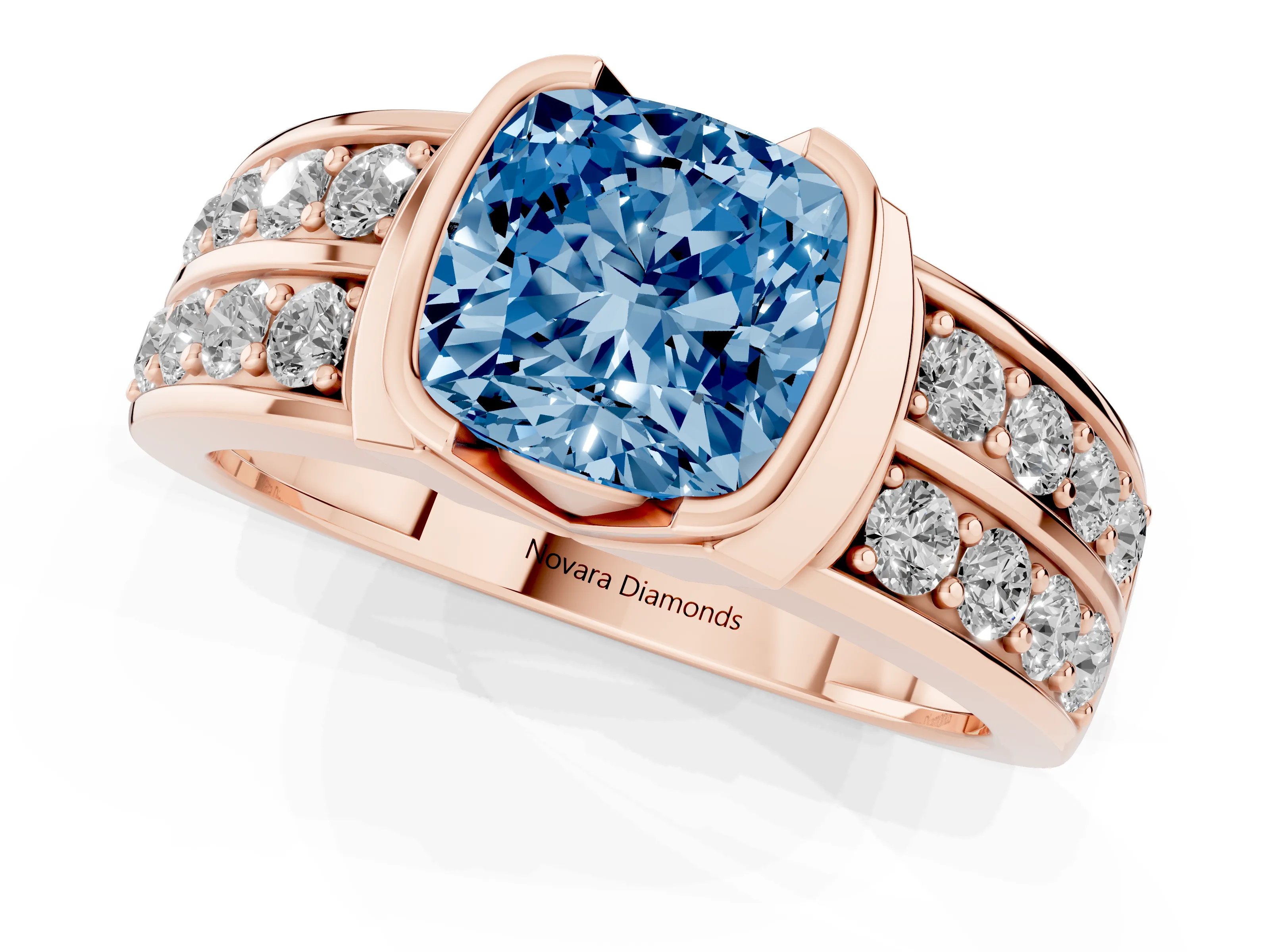 Fancy Blue Cushion Cut Diamond Wide Channel Set Band Ring Set in Rose gold with Bezel Setting
