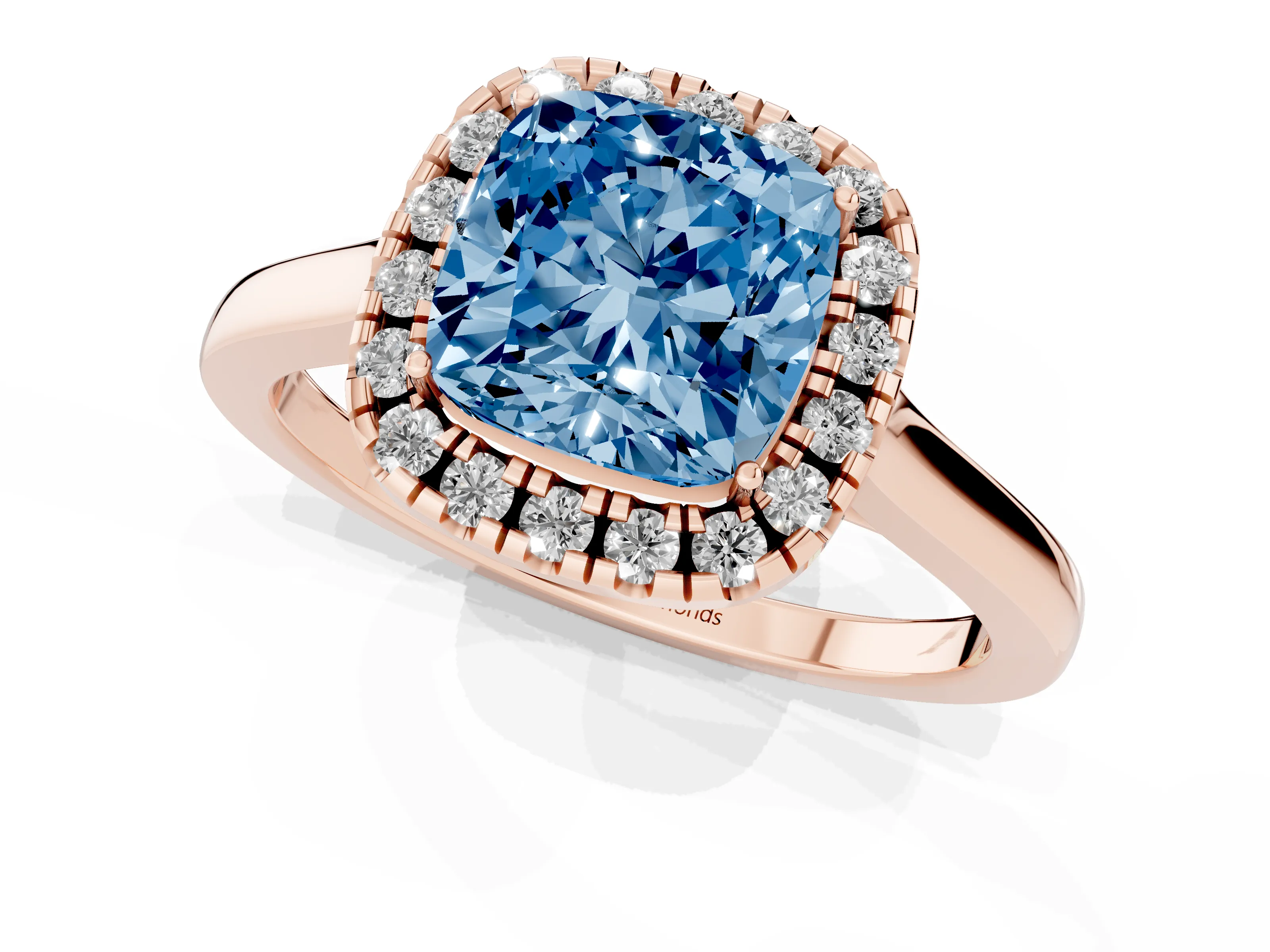 Fancy Blue Cushion Cut Halo Round Diamond Solitaire Ring Set in Rose gold with Pavé Band and Prong Setting