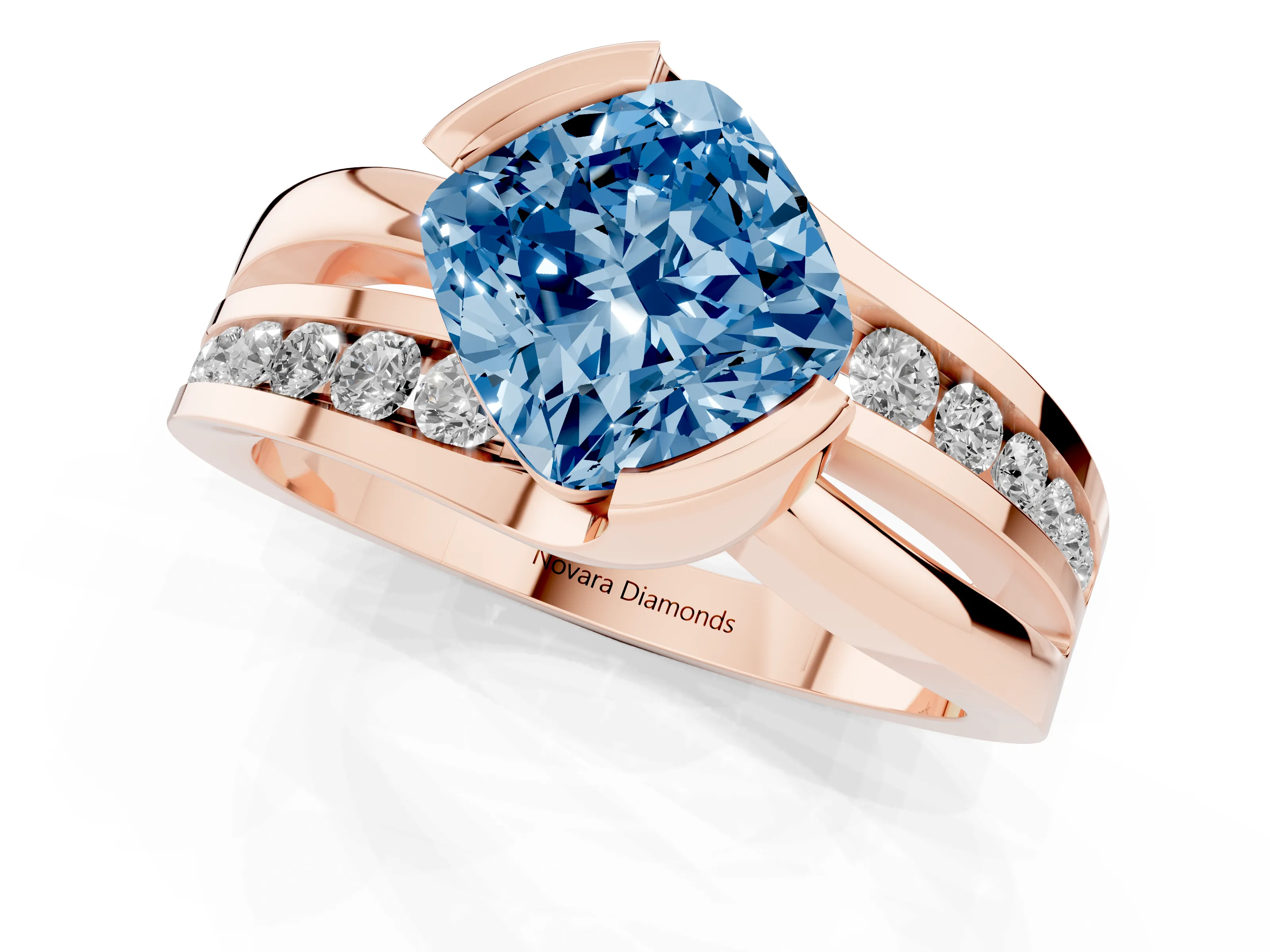 Fancy Blue Cushion Cut Diamond Solitaire Ring Set in Rose gold with Channel Set Split Shank and Tension Prongs