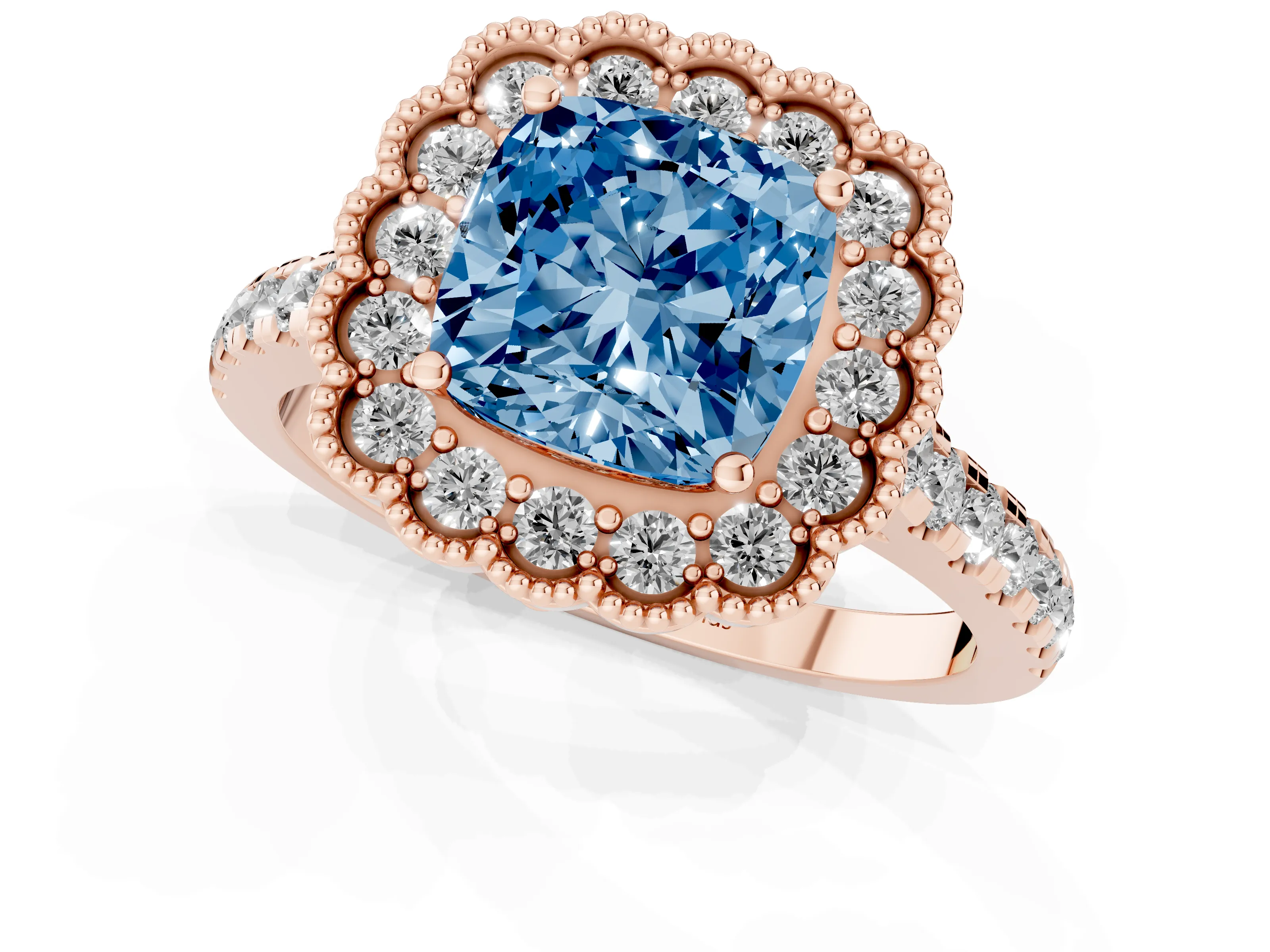 Fancy Blue Cushion Cut Diamond Milgrain Floral Halo Engagement Ring Set in Rose gold with Pavé Band