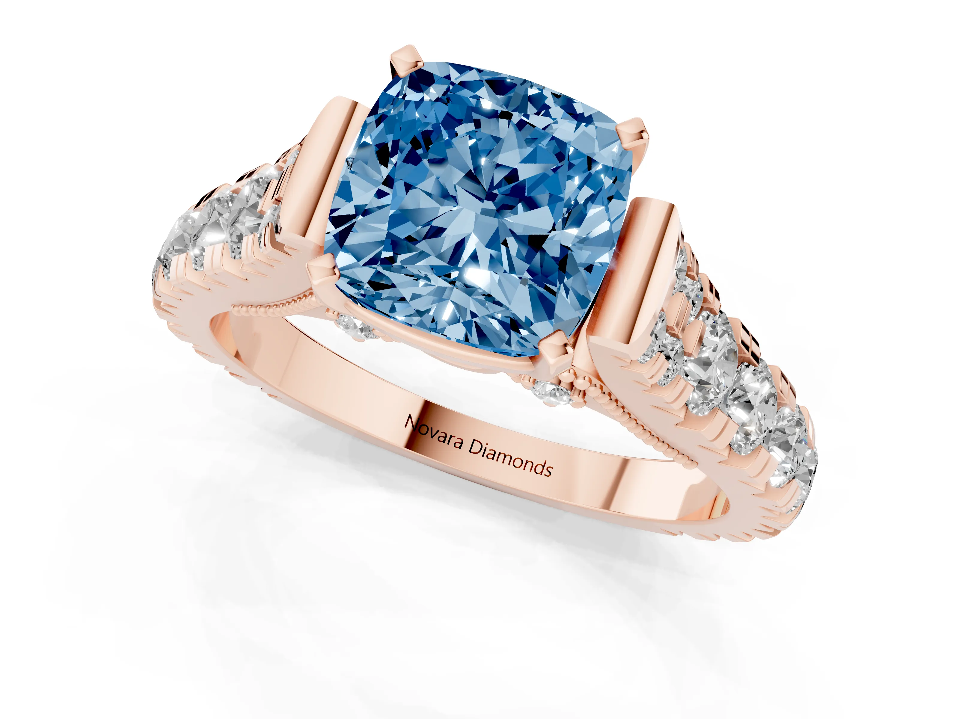 Fancy Blue Cushion Cut Diamond Classic Solitaire Ring Set in Rose gold with Pavé Band and Prong Setting
