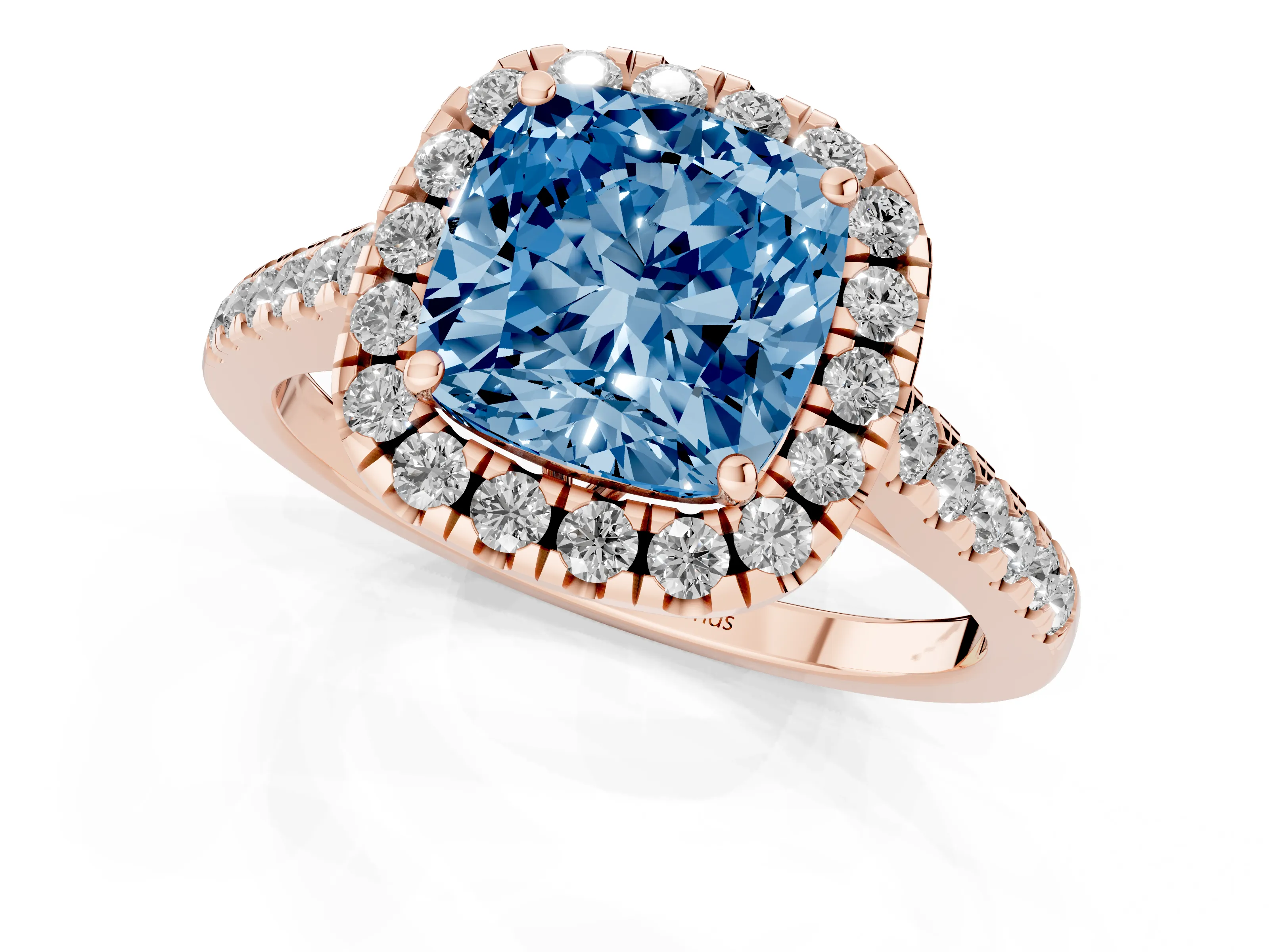 Fancy Blue Cushion Cut Diamond Pavé Halo Engagement Ring Set in Rose gold with Pavé Band and Prong Setting