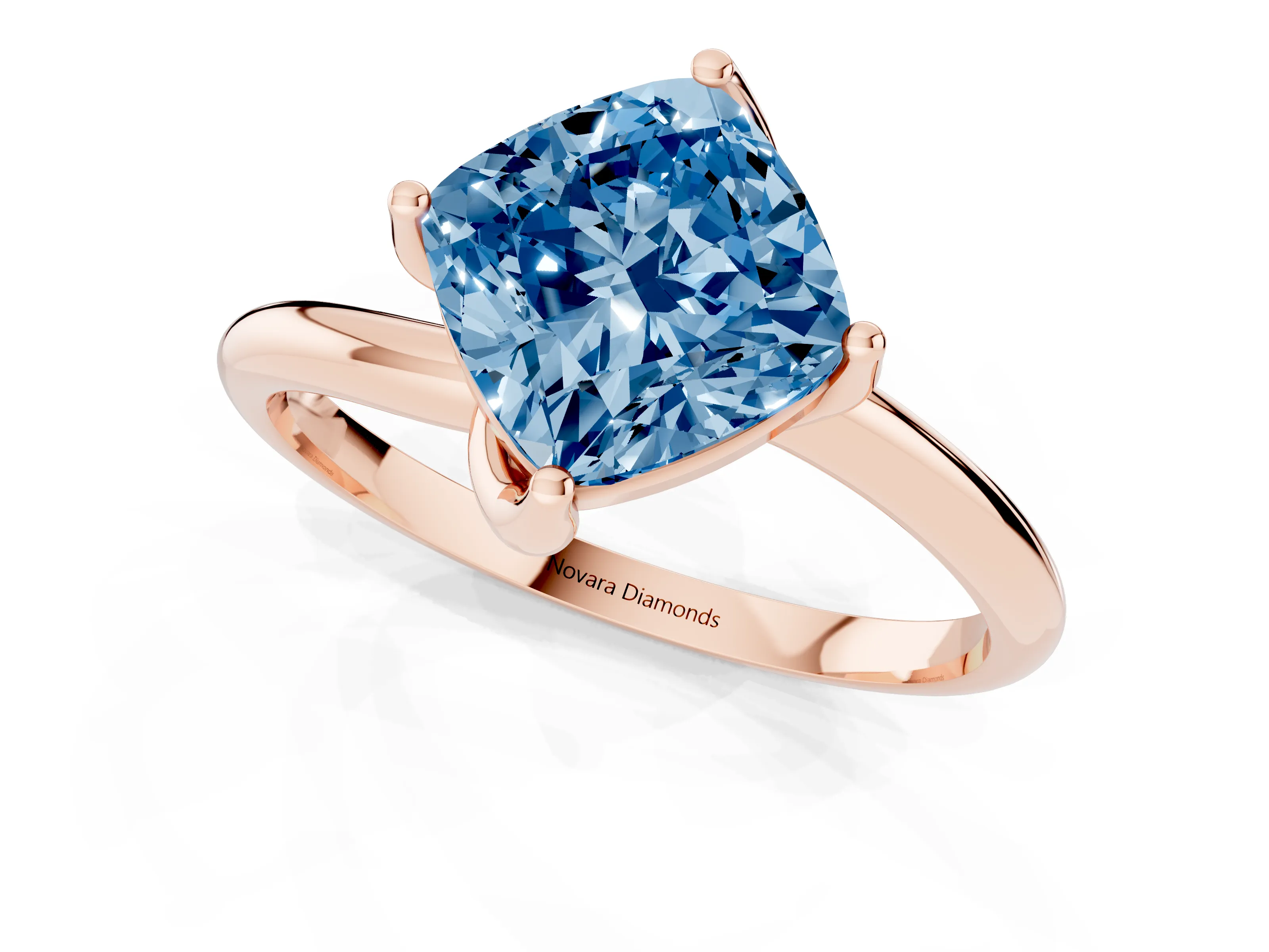 Fancy Blue Cushion Cut Diamond Solitaire Engagement Ring Set in Rose gold with Classic Plain Band