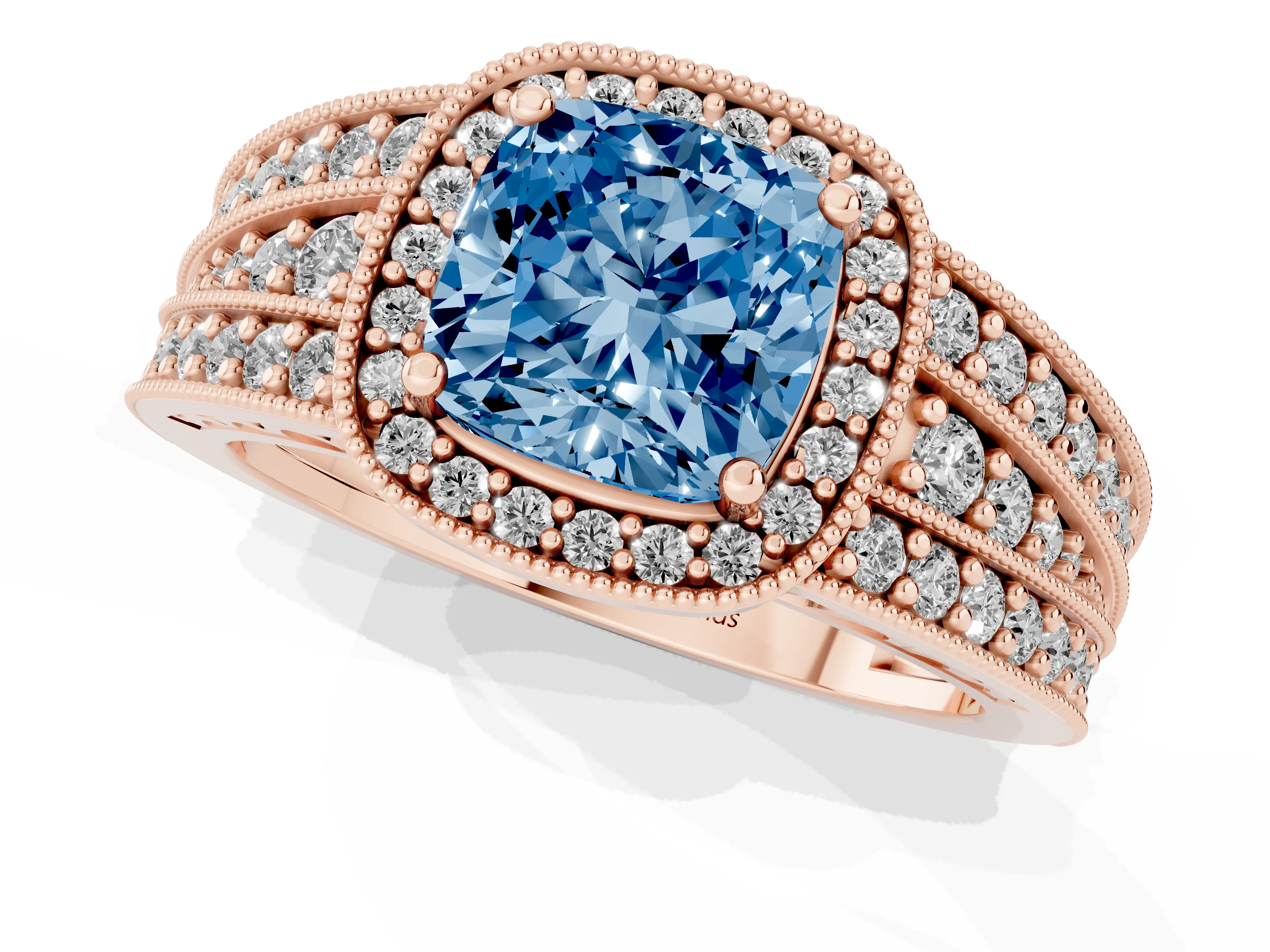 Fancy Blue Cushion Cut Diamond Halo Ring Set in Rose gold with Accent Split Shank and Prong Setting
