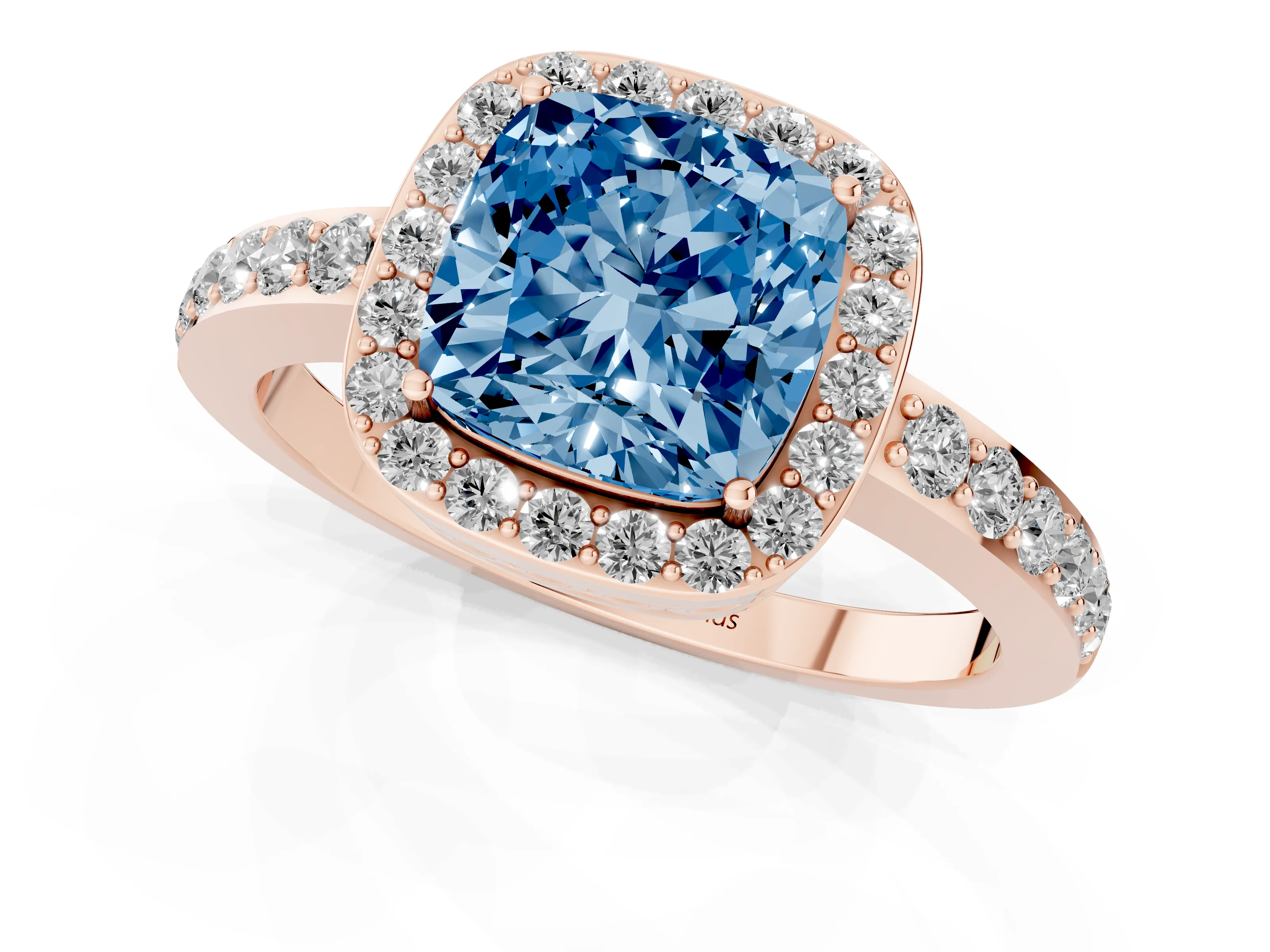 Fancy Blue Cushion Cut Diamond Halo Ring Set in Rose gold with Pavé-Setting Band and Open Prong Center