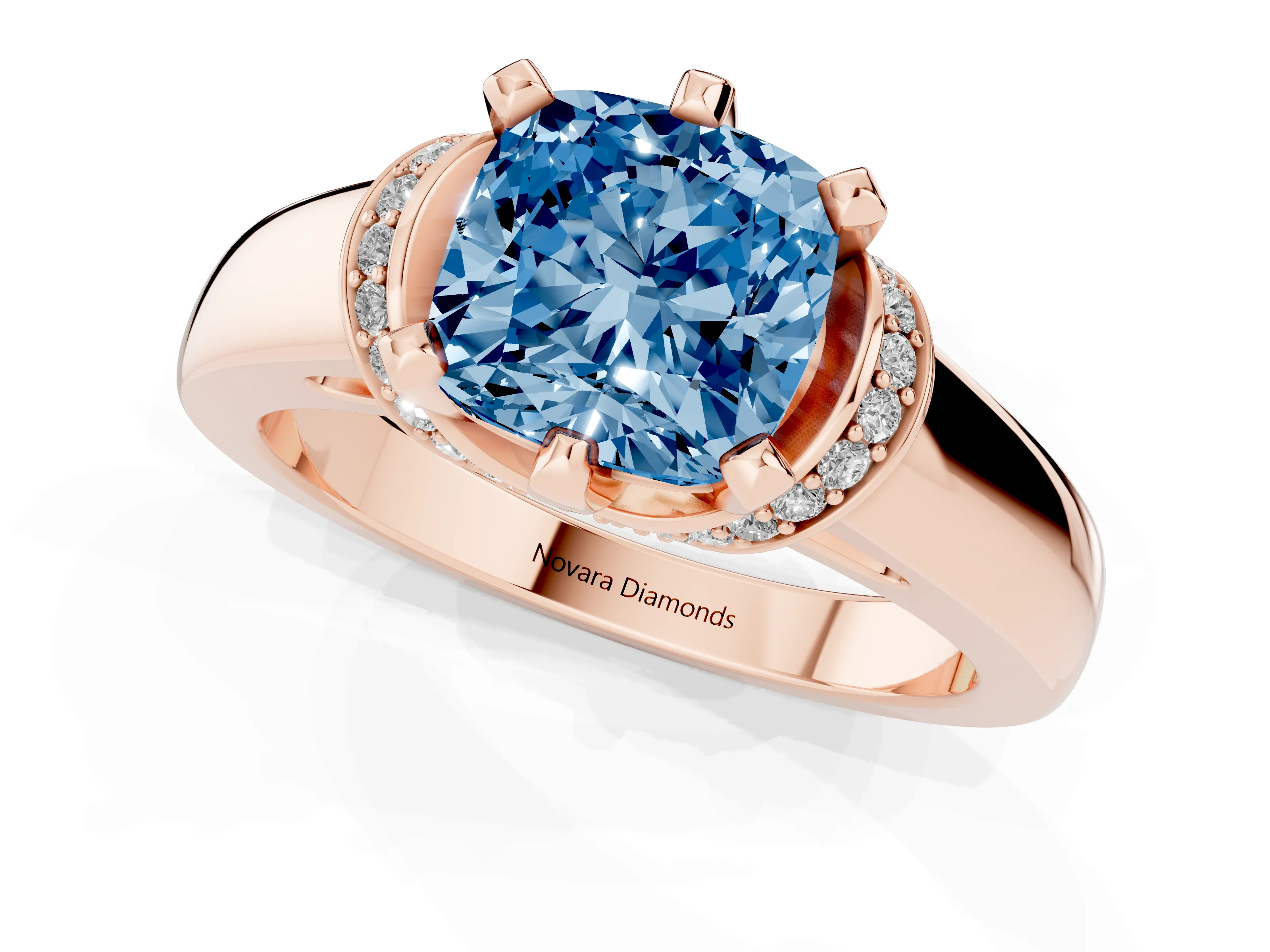 Fancy Blue Cushion Cut Diamond Pavé Band Solitaire Ring Set in Rose gold with Prong Setting