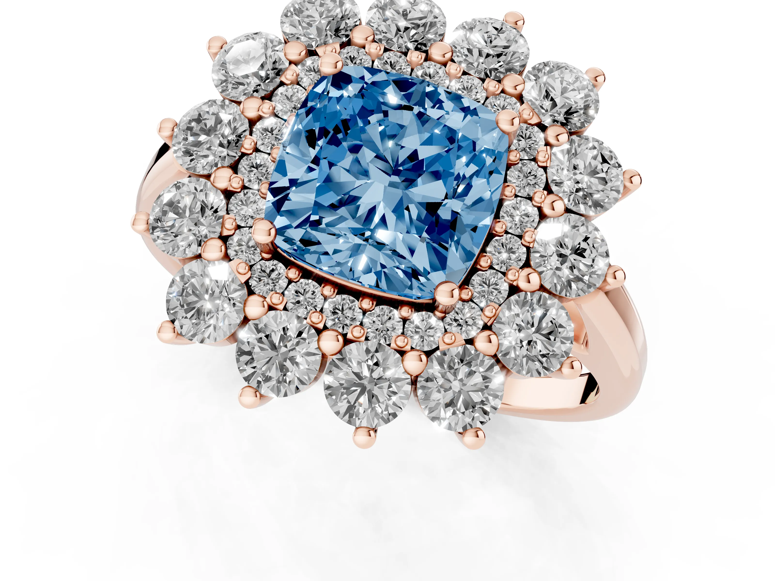 Fancy Blue Cushion Cut Diamond Floral Double Halo Ring Set in Rose gold with Round Petals