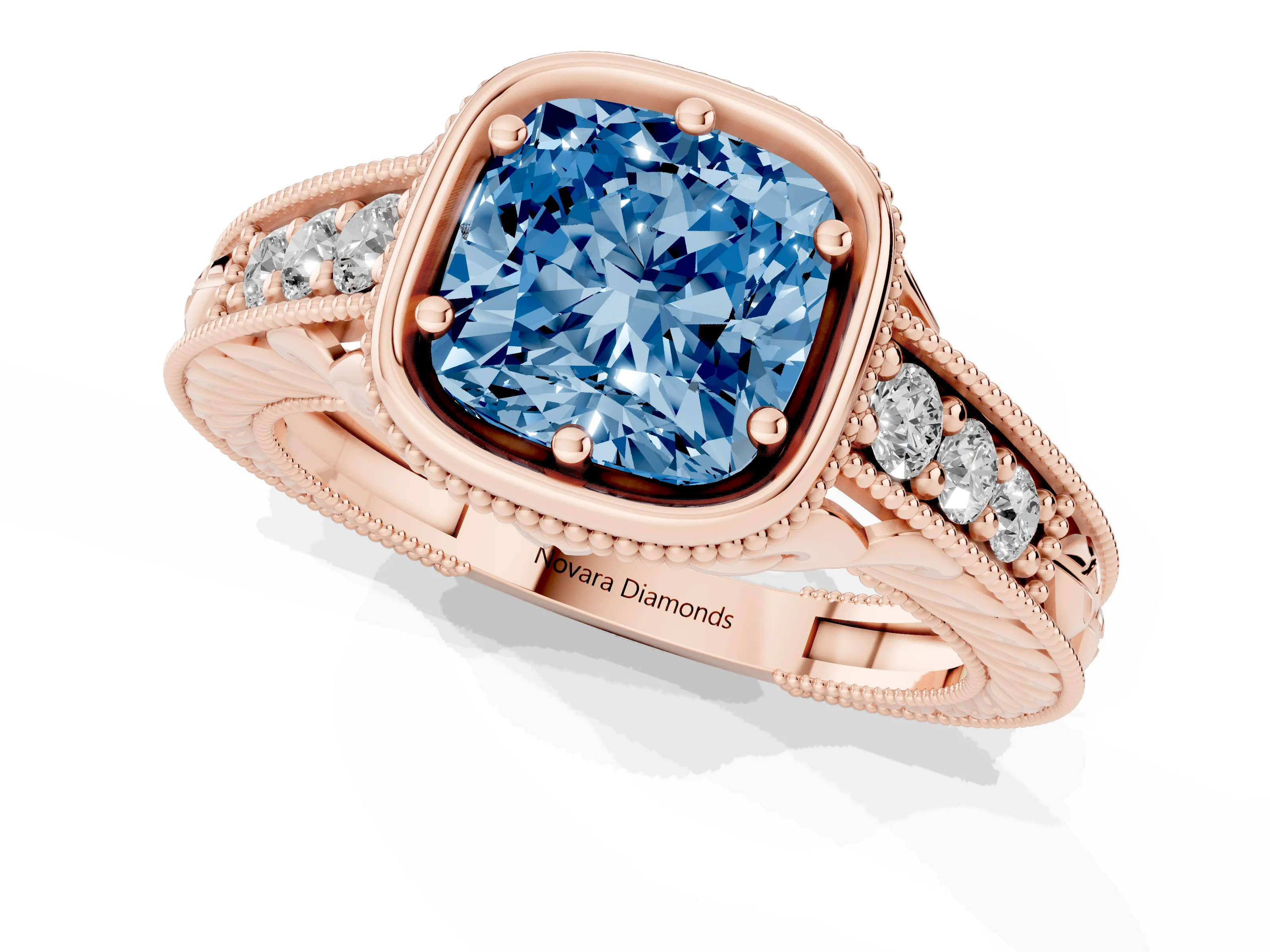 Fancy Blue Bezel Set Cushion Cut Diamond Milgrain Pavé Engagement Ring Set in Rose gold